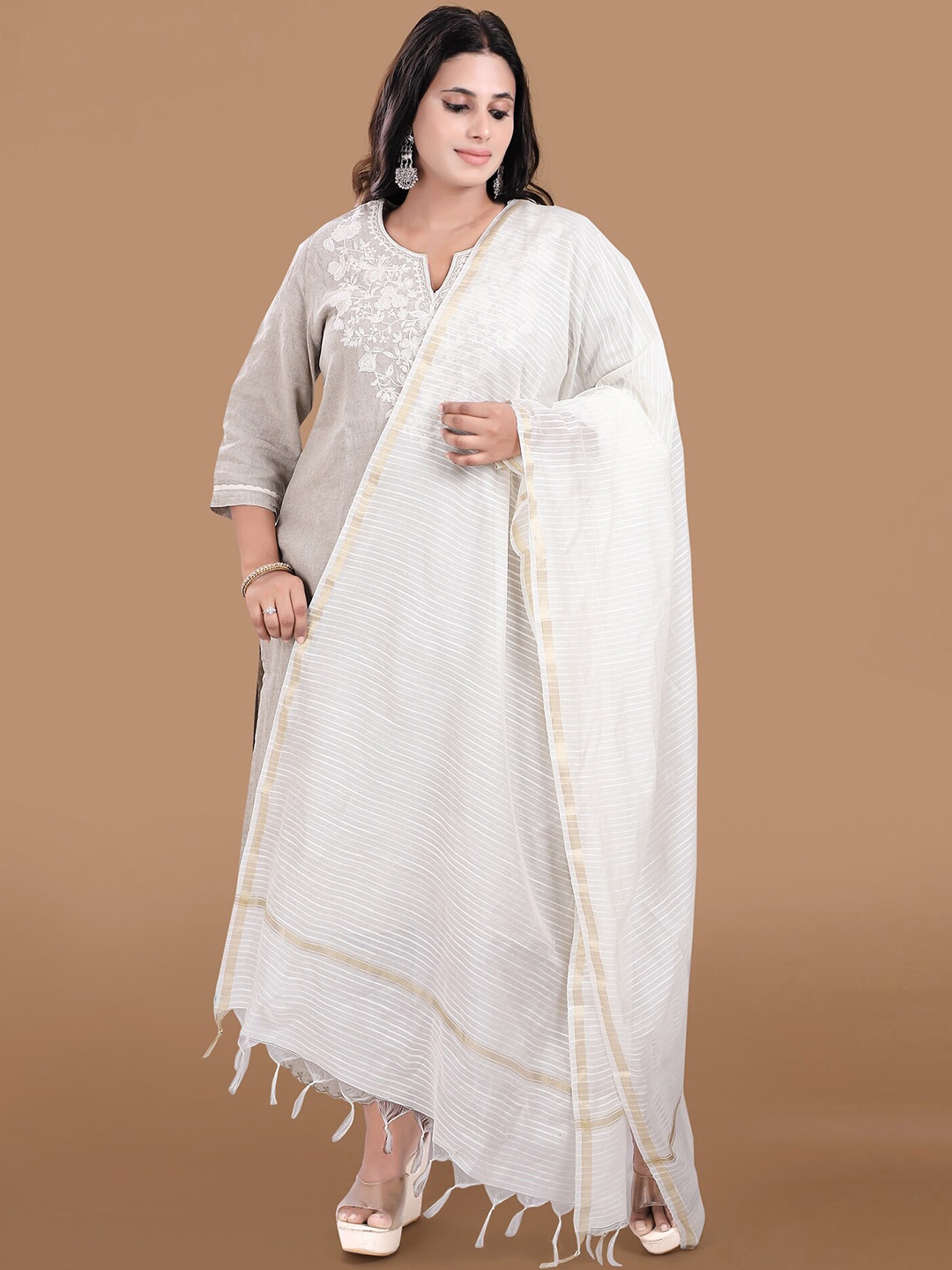 

SALWAR STUDIO Striped Cotton Dupatta, White