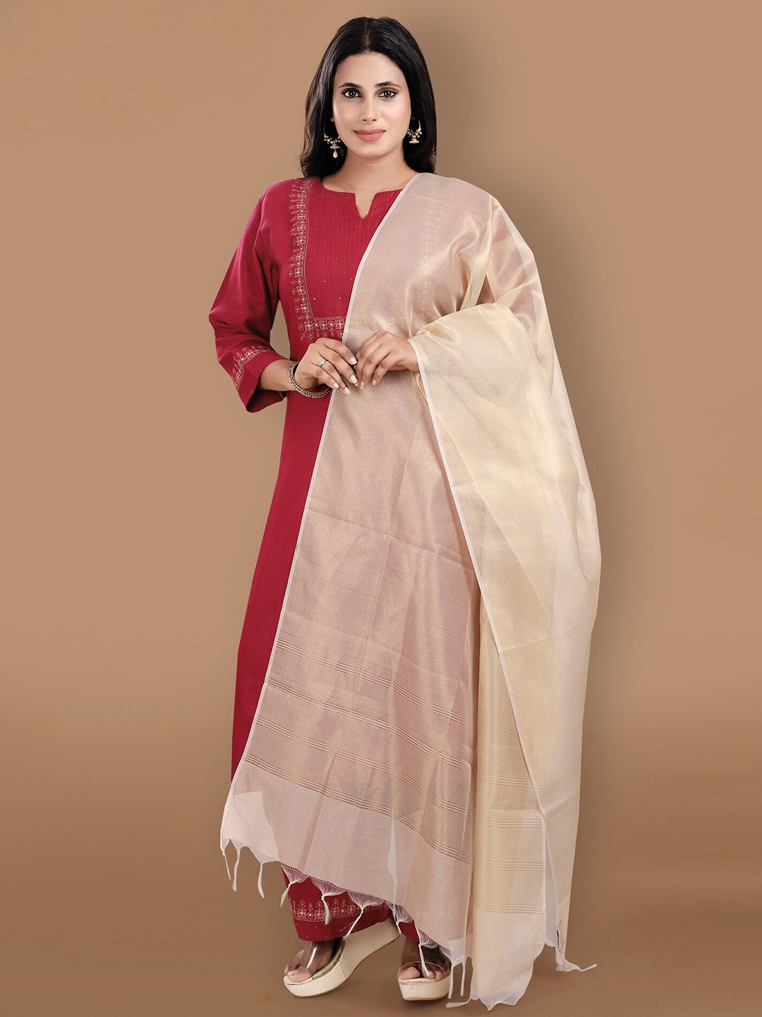 

SALWAR STUDIO Ethnic Motifs Woven Design Dupatta with Zari, Gold