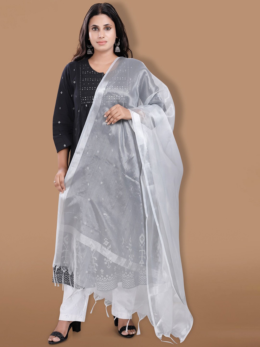 

SALWAR STUDIO Tasselled Tissue Dupatta, Silver