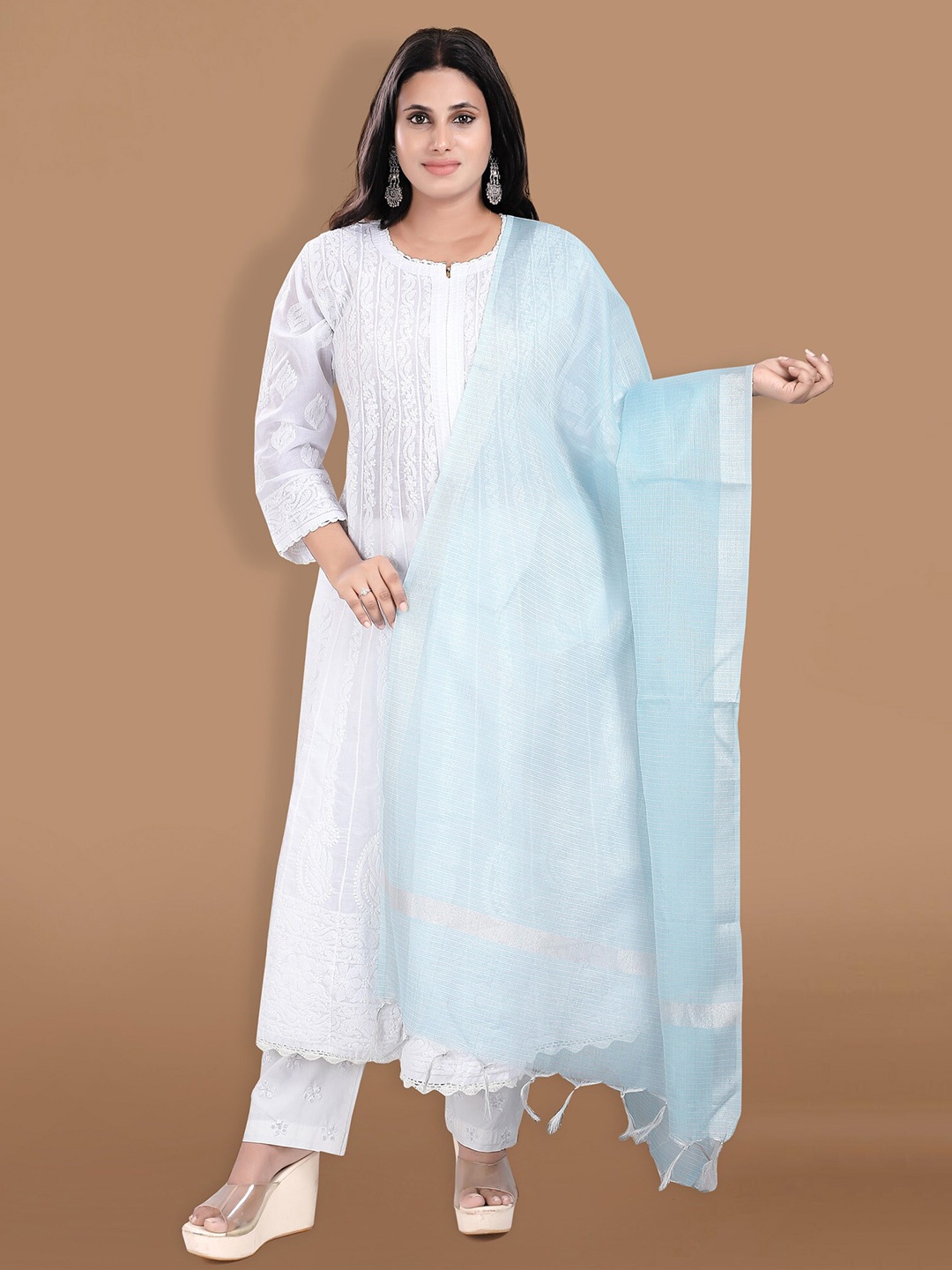 

SALWAR STUDIO Checked Cotton Dupatta with Zari, Blue