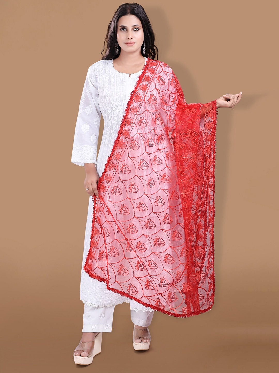 

SALWAR STUDIO Embroidered Net Dupatta, Red