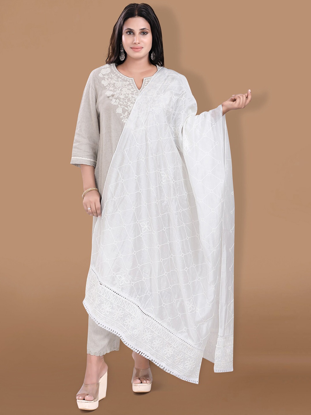 

SALWAR STUDIO Embroidered Cotton Silk Dupatta, White