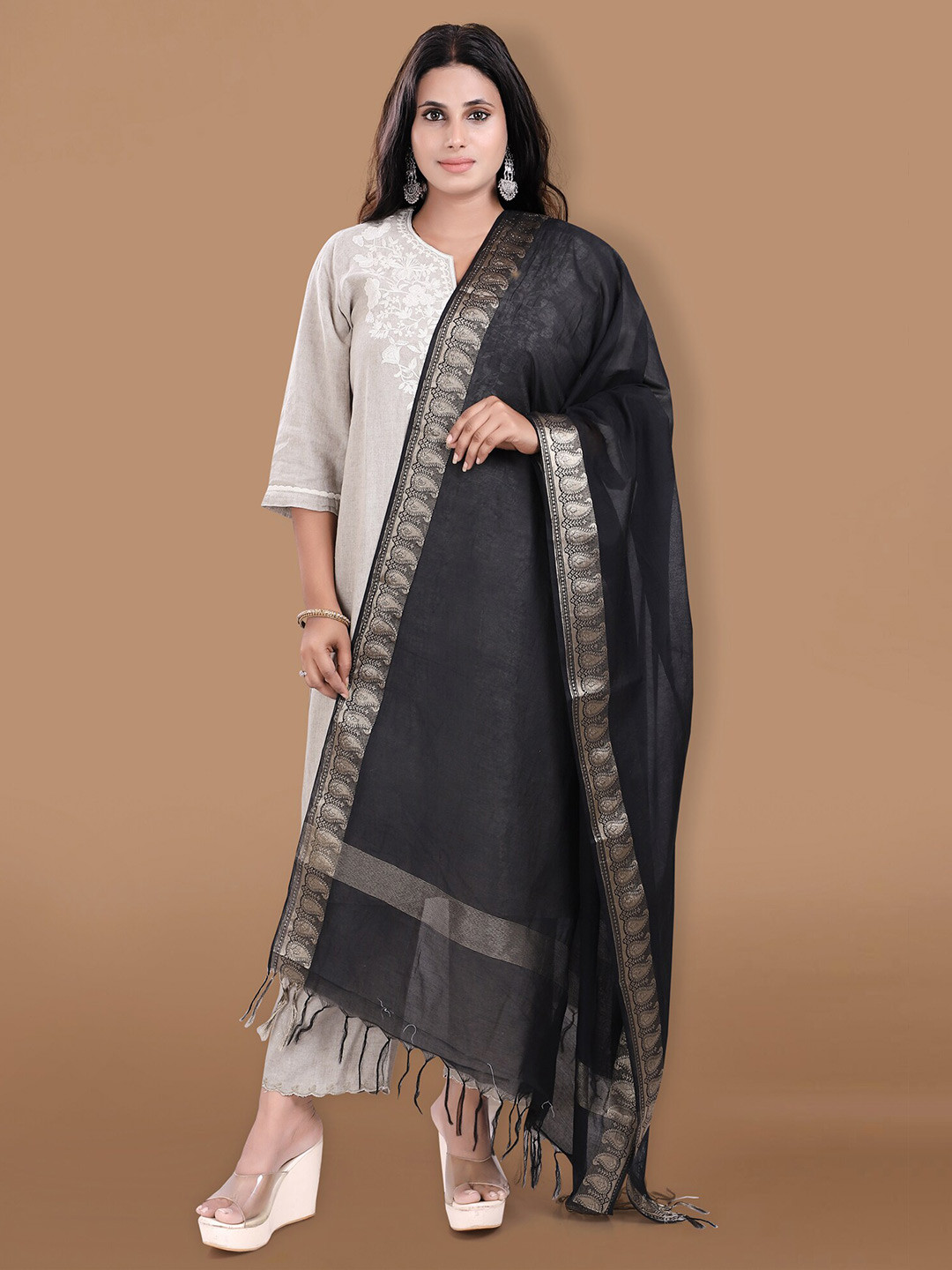 

SALWAR STUDIO Cotton Dupatta with Zari, Black