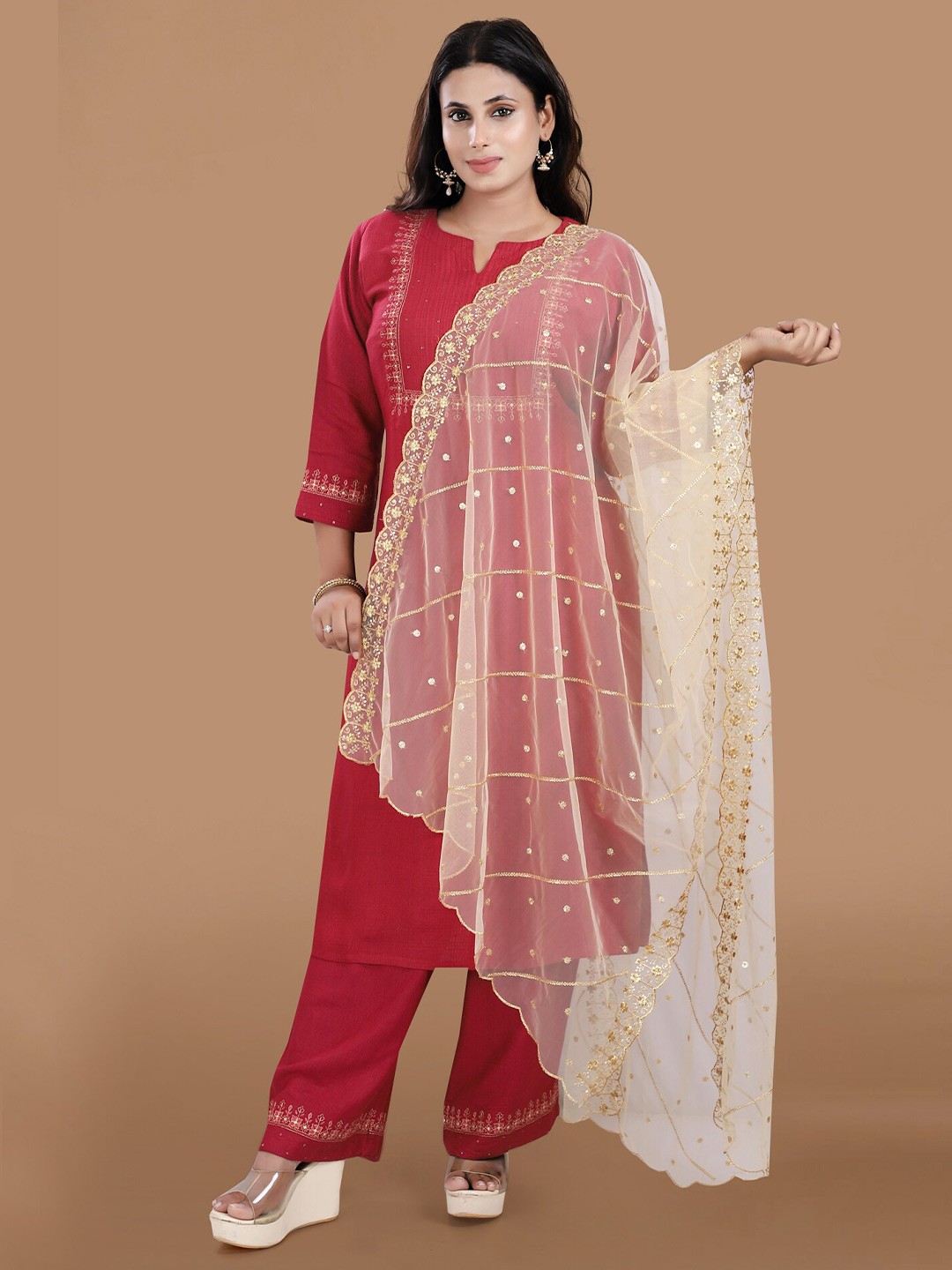 

SALWAR STUDIO Embroidered Net Dupatta with Sequinned, Gold