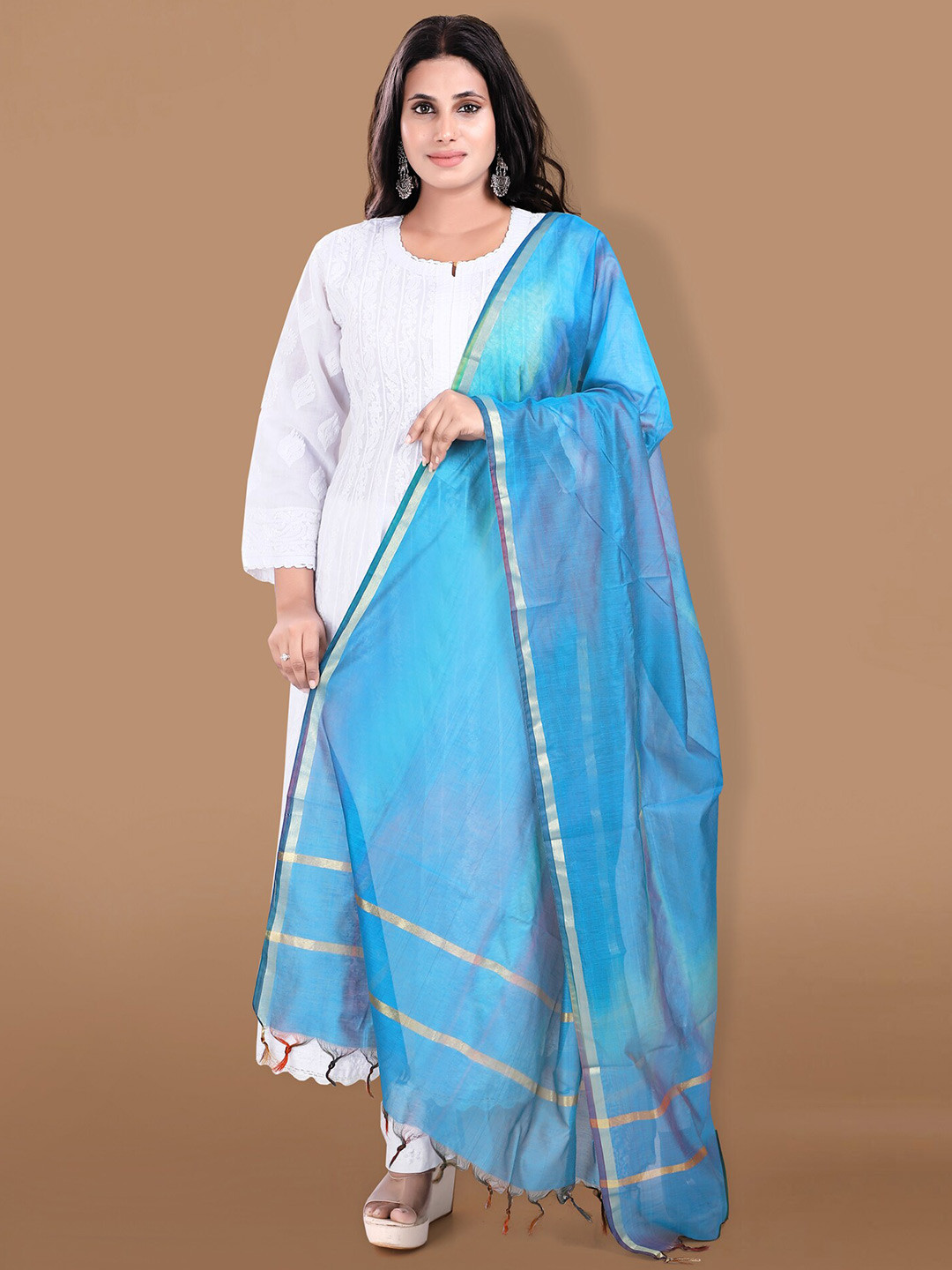 

SALWAR STUDIO Dyed Cotton Dupatta with Zari, Blue