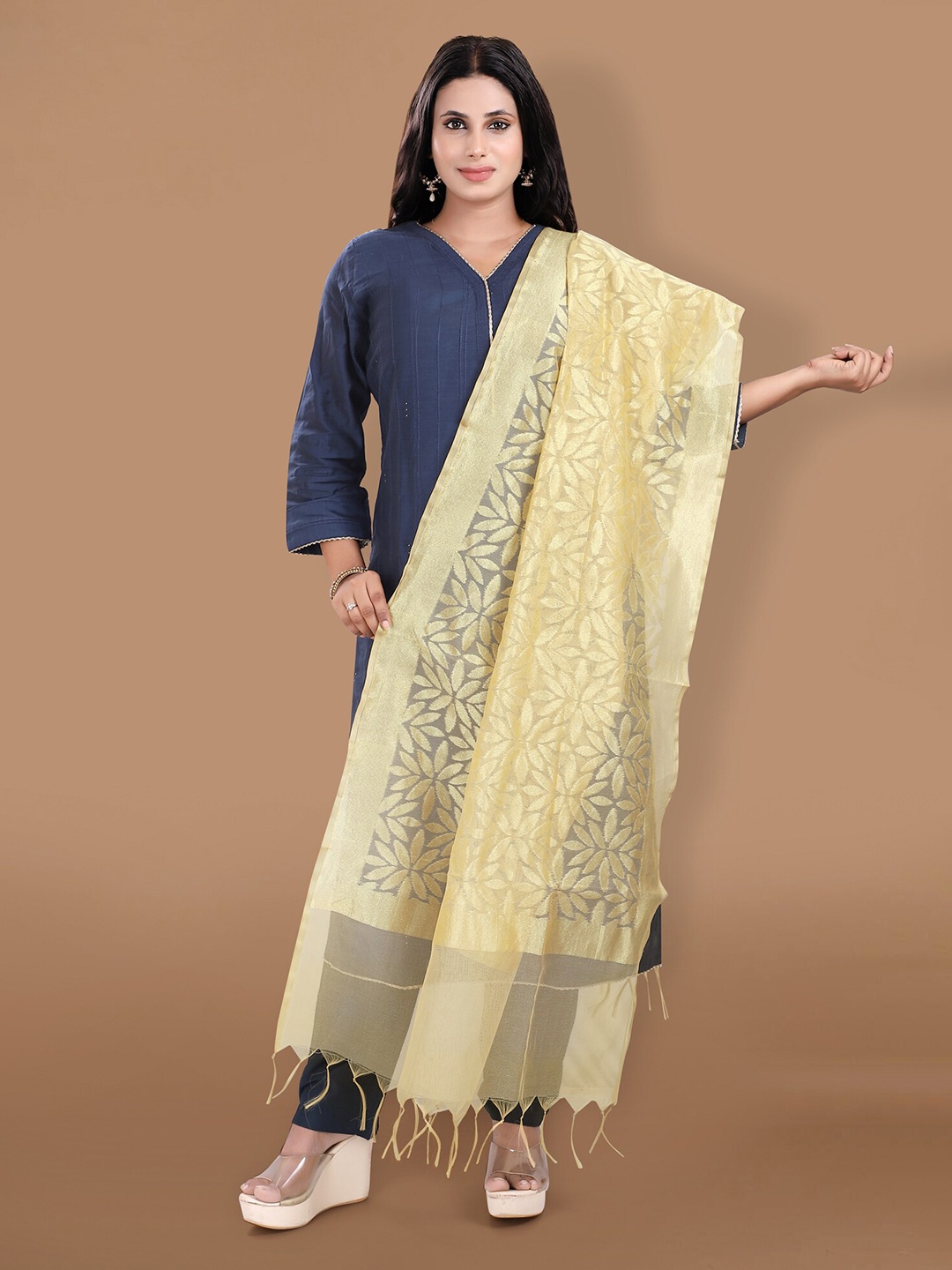 

SALWAR STUDIO Ethnic Motifs Woven Design Dupatta with Zari, Gold