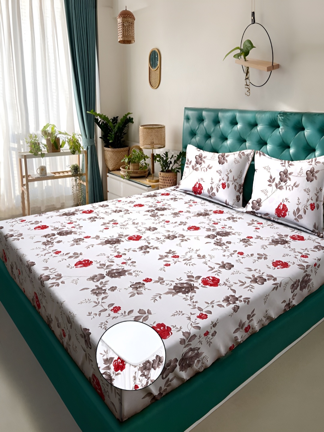 

KLOTTHE White Floral Printed 300 TC Fitted Double King Bedsheet With Pillow Cover