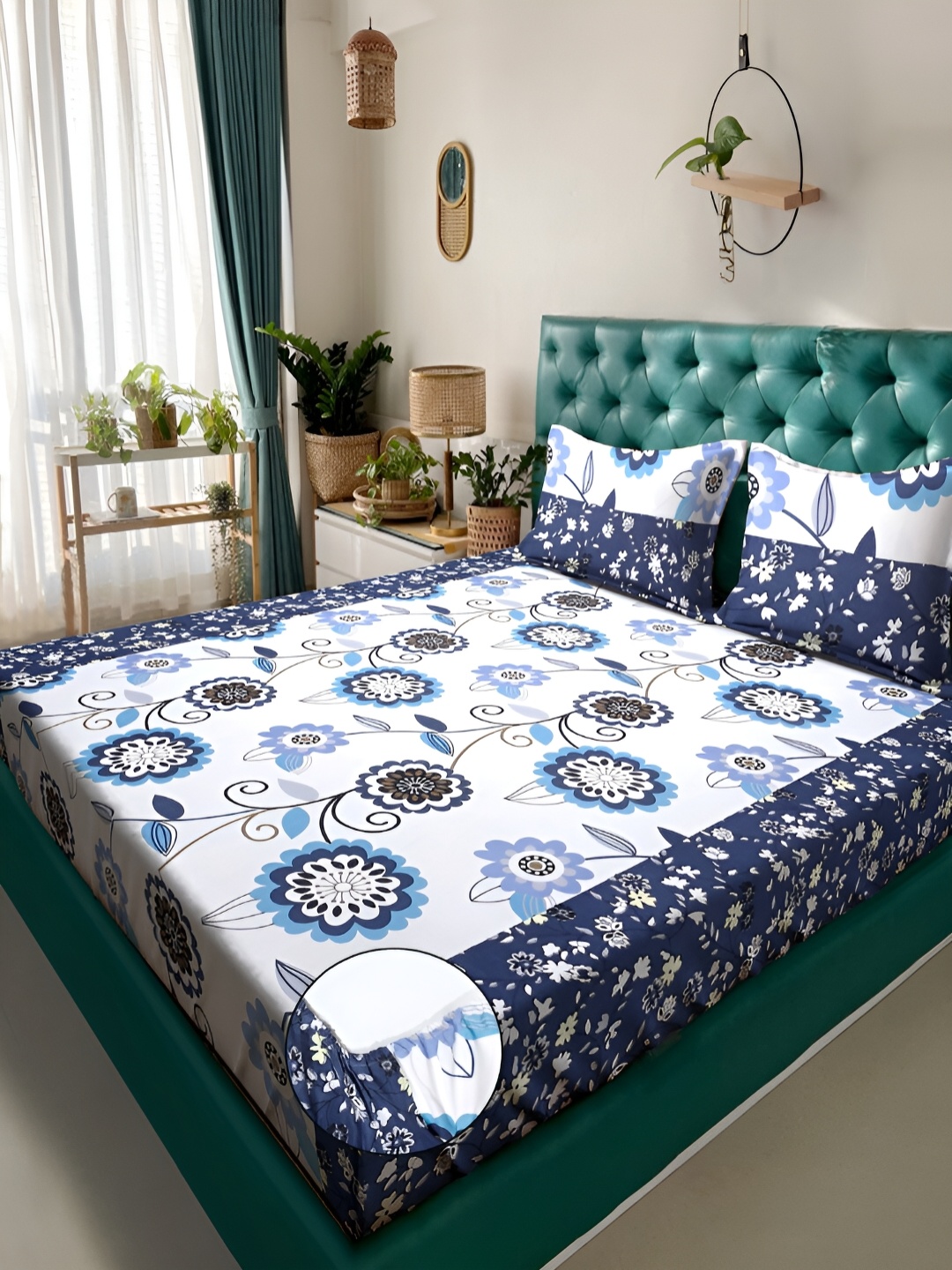 

KLOTTHE White & Blue Floral Fitted 300TC Double King Bedsheet With 2 Pillow Covers