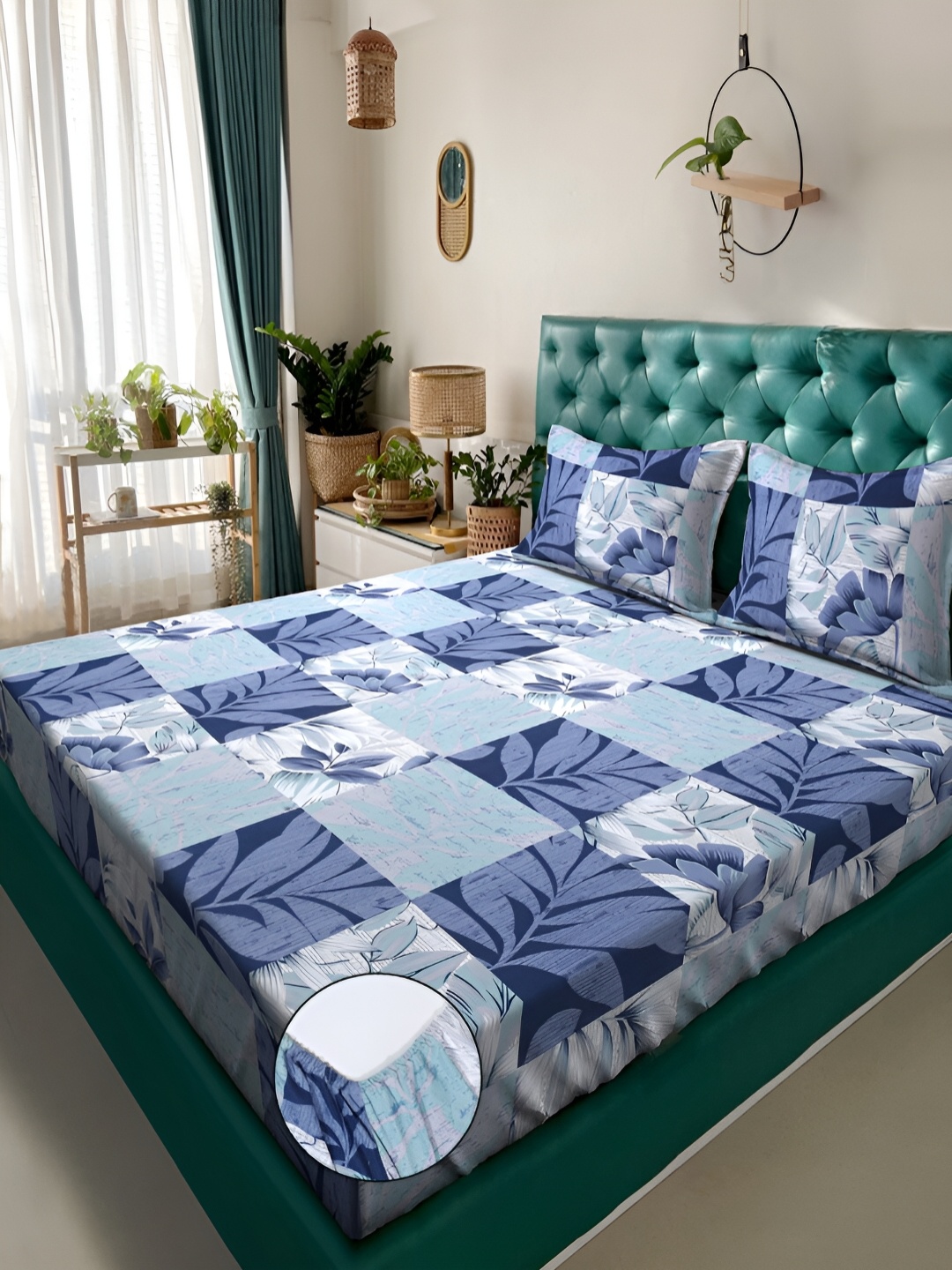 

KLOTTHE Blue Floral Fitted 300TC Double King Bedsheet With 2 Pillow Covers