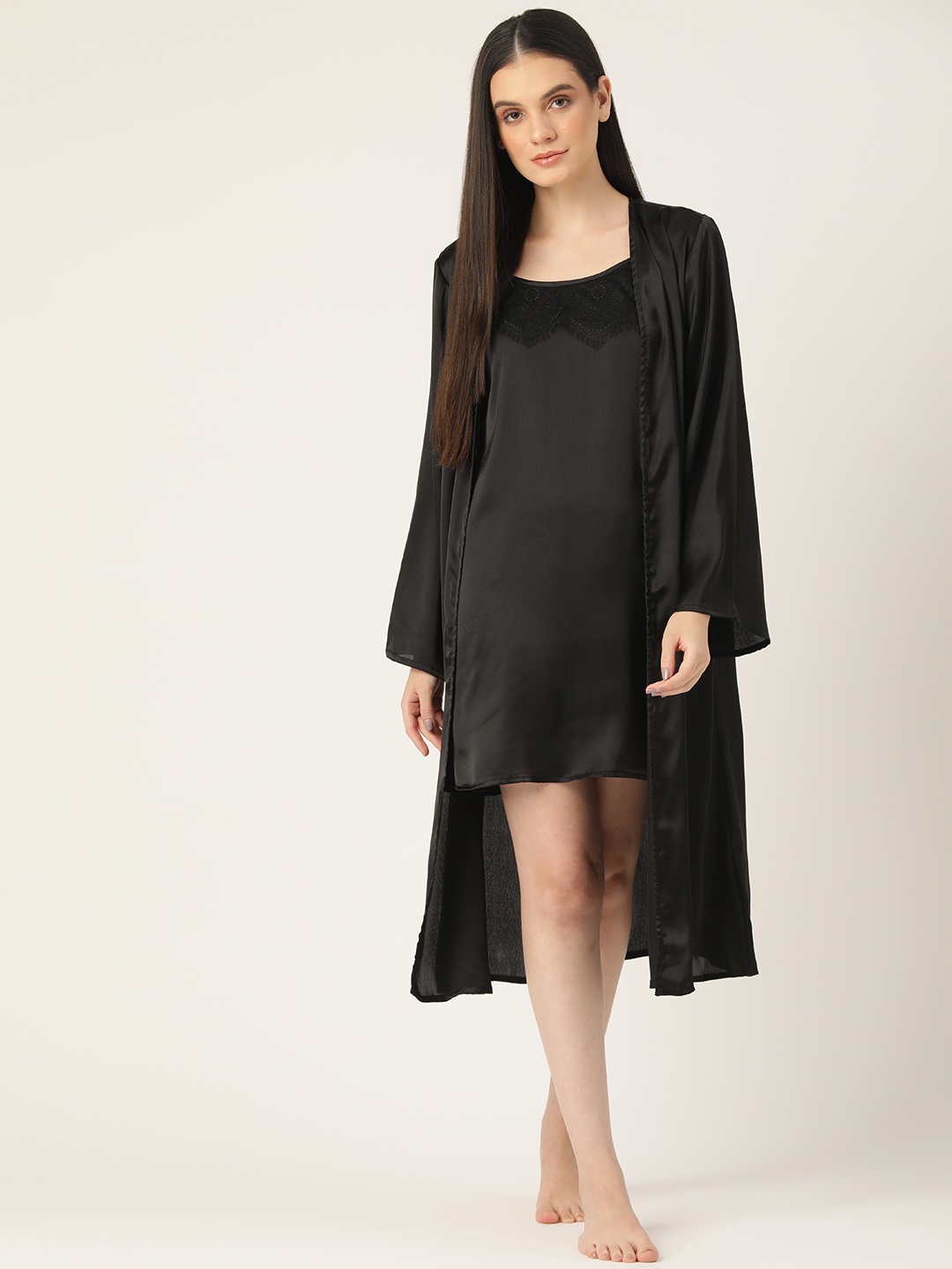

ETC Women Solid Satin Nightdress With Robe, Black
