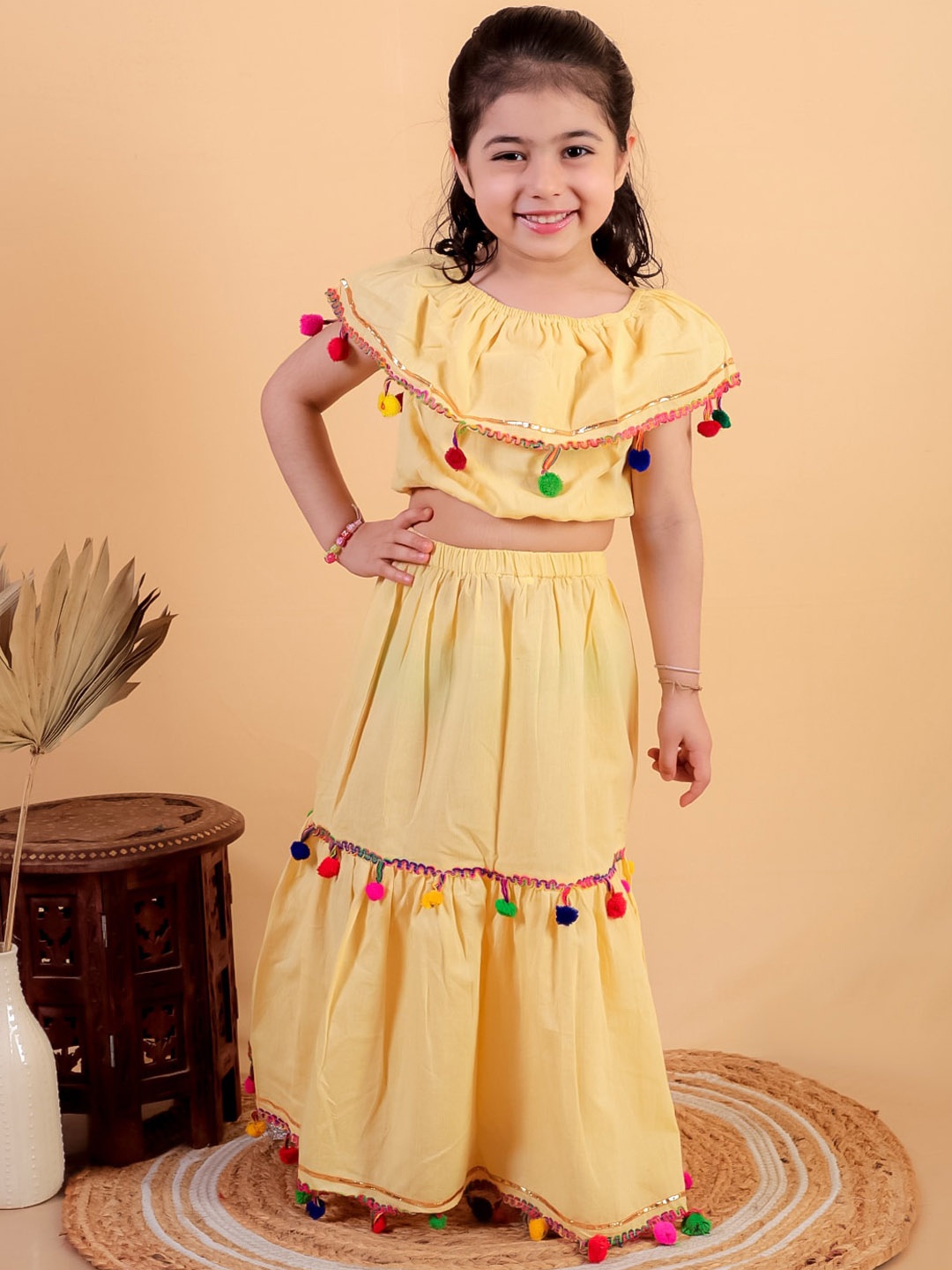 

JUNITOS Girls Pure Cotton Top with Skirt, Yellow