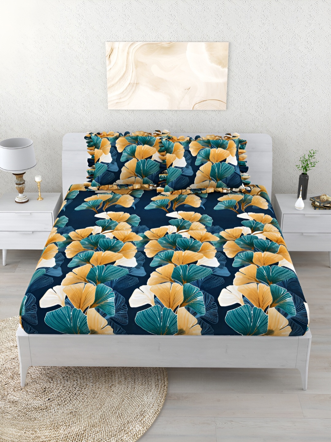 Aura Navy Blue & Yellow Floral 260 TC King Fitted Bedsheet With 2 Pillow Covers