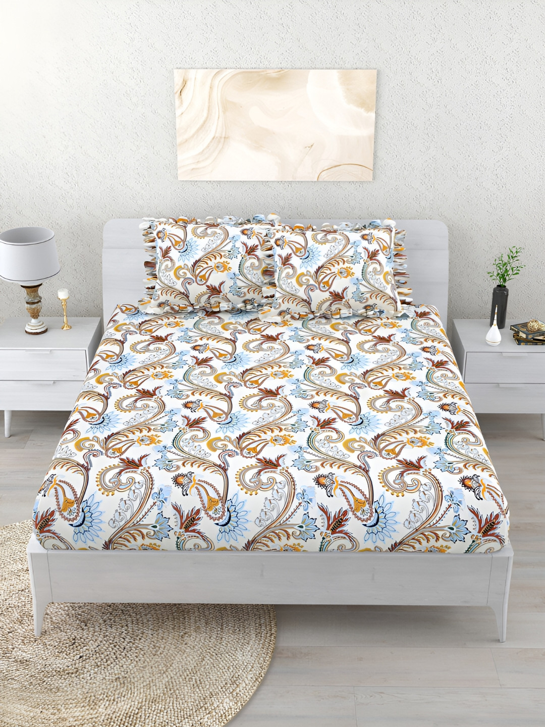 

Aura White & Blue Ethnic Motifs 260 TC Fitted Double King Bedsheet With 2 Pillow Covers