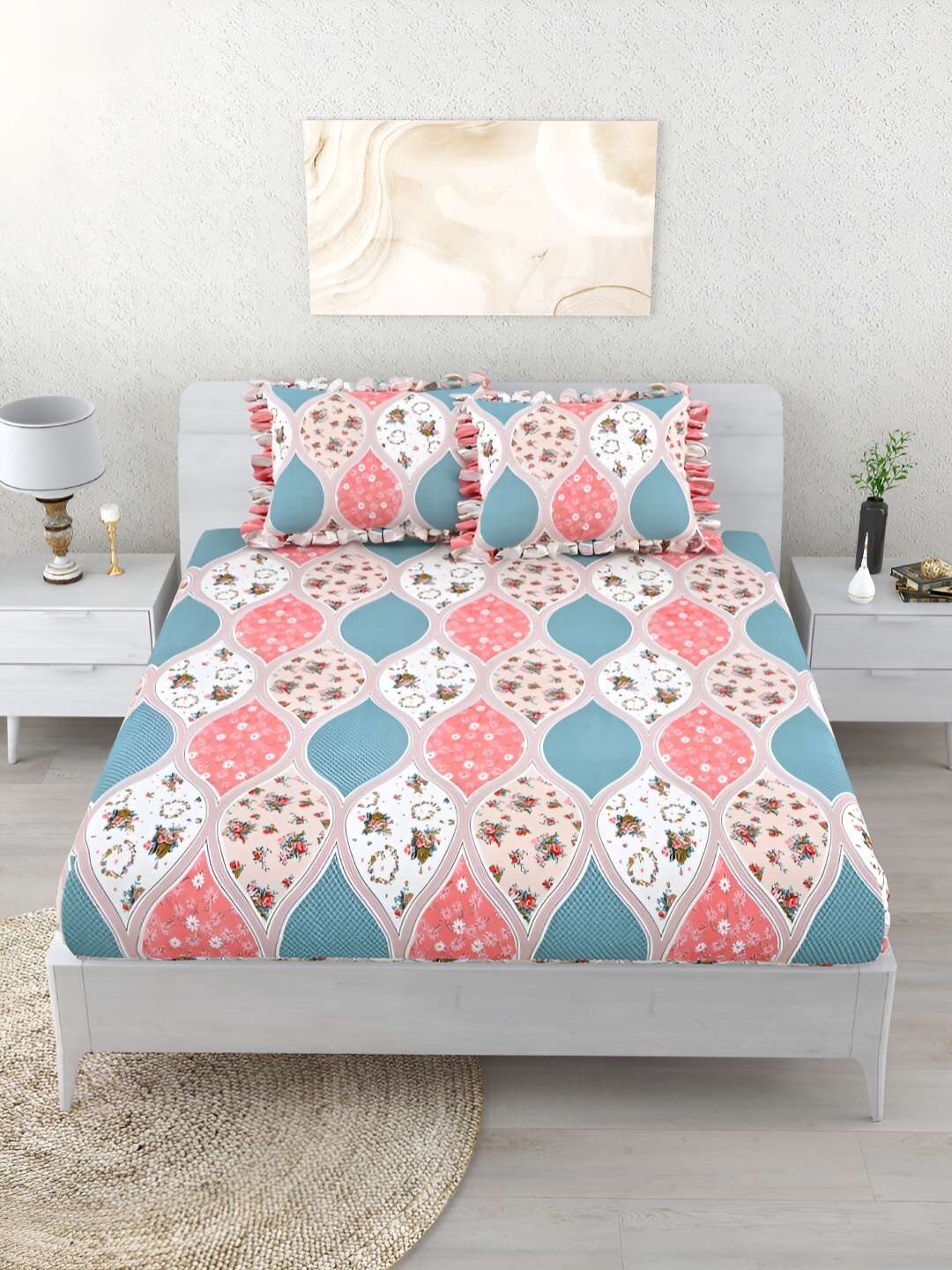 Aura White & Pink Ethnic Motifs 260 TC Fitted King Bedsheet With 2 Pillow Covers