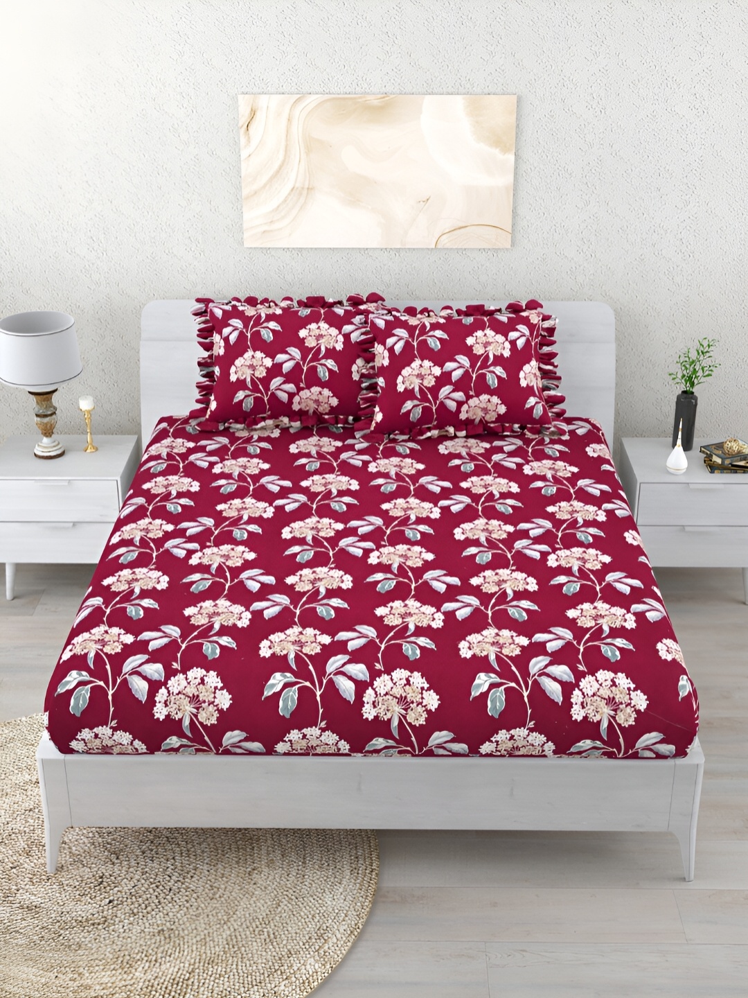 

Aura Red & Pink Floral 260 TC Fitted King Bedsheet With 2 Pillow Covers