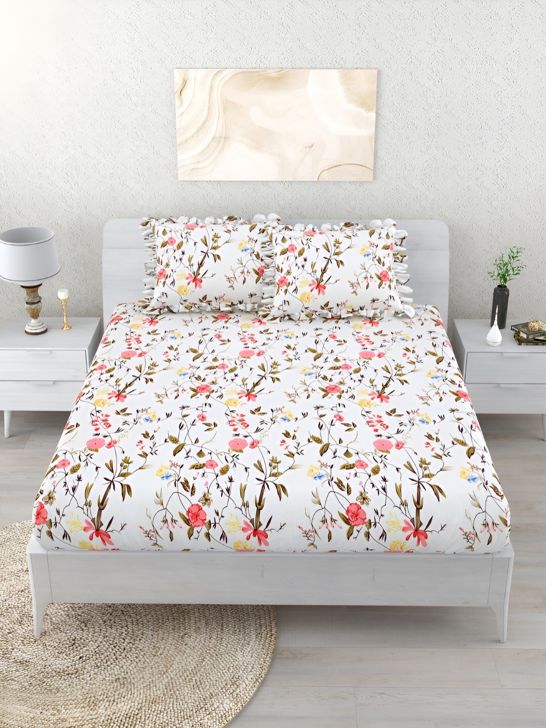 Aura White & Pink Floral 260 TC Fitted King Bedsheet With 2 Pillow Covers