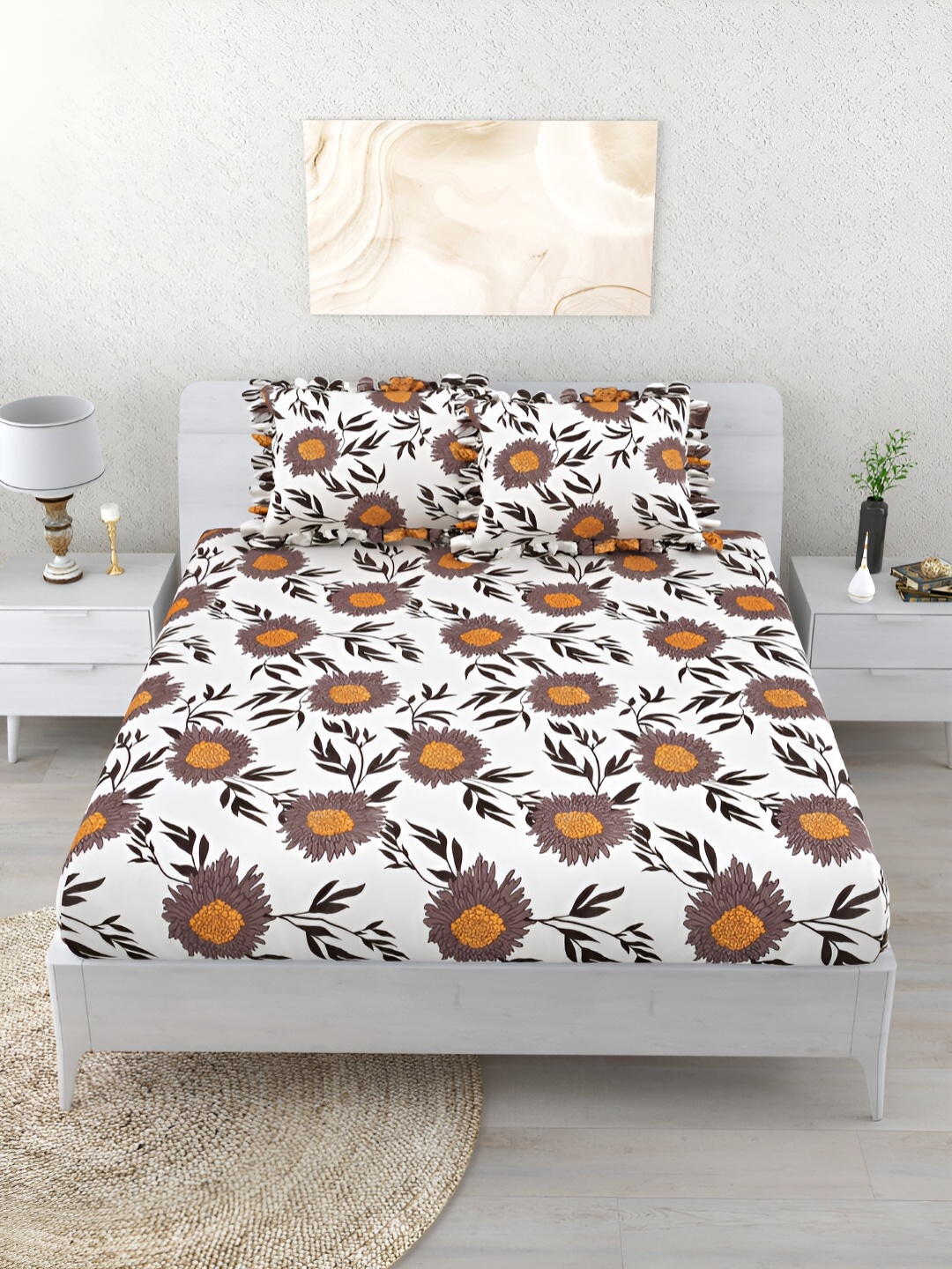 Aura White & Yellow Floral 260 TC Fitted King Bedsheet with 2 Pillow Covers