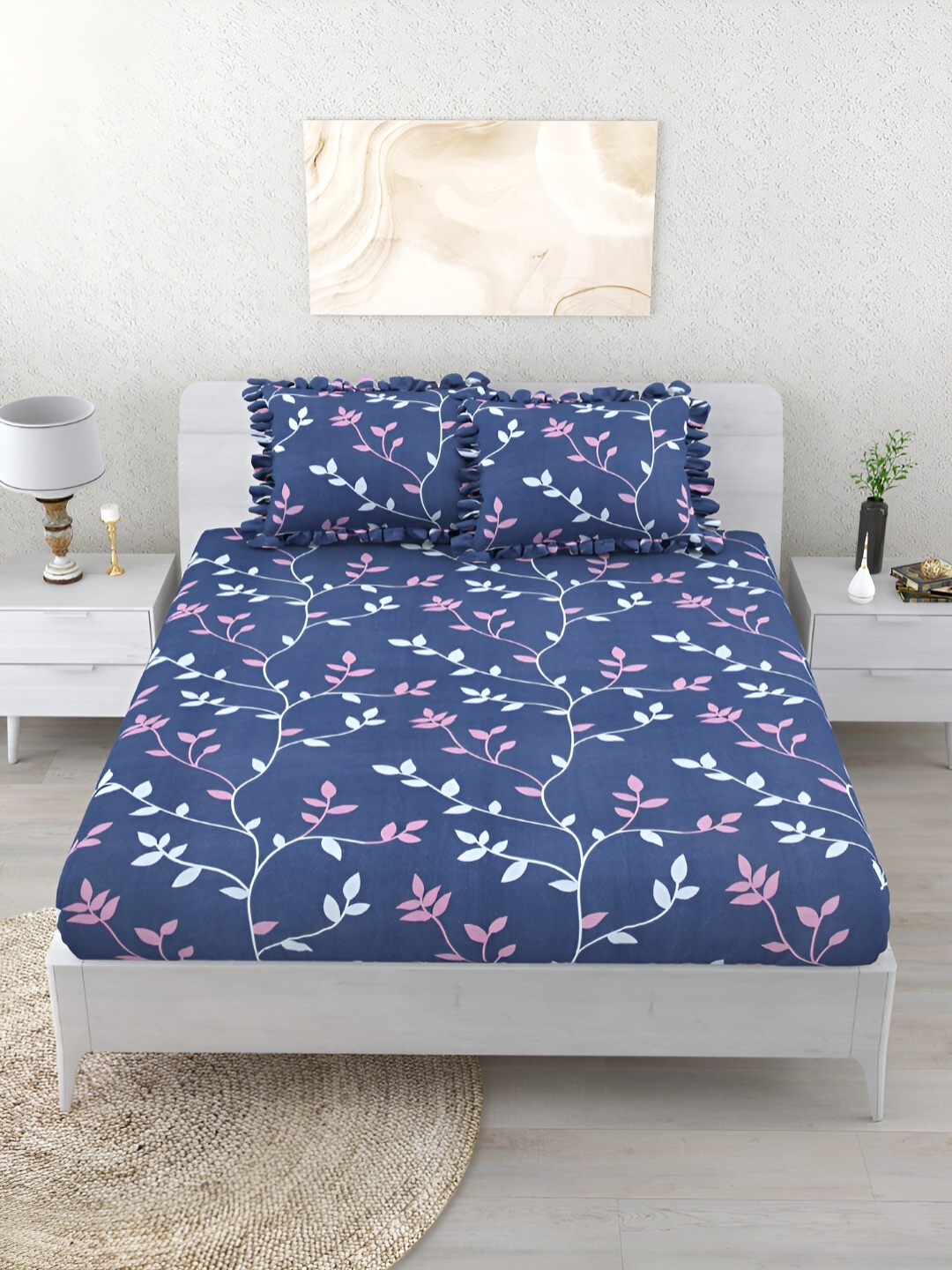 

Aura Blue & Pink Floral 260 TC Fitted King Bedsheet With 2 Pillow Covers, Navy blue