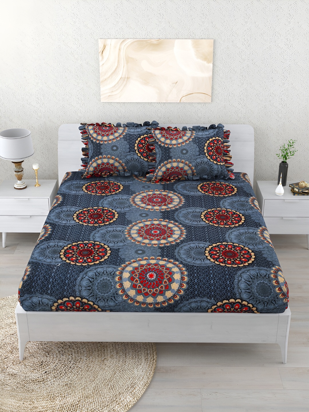 Aura Blue & Red Ethnic Motifs 260 TC Fitted King Bedsheet With 2 Pillow Covers