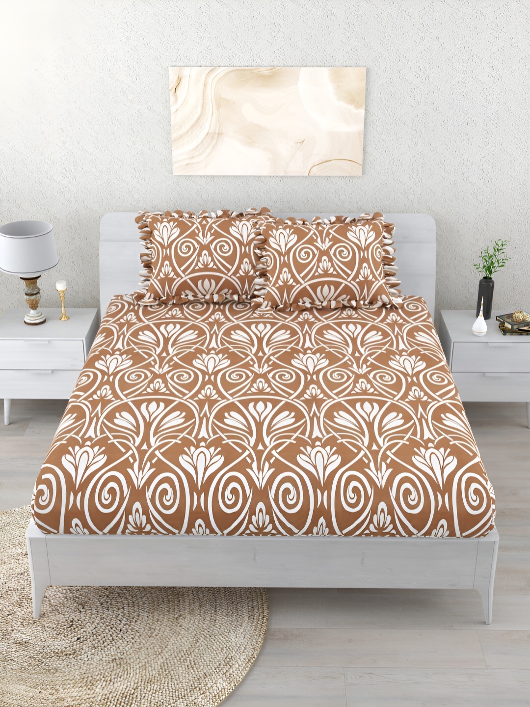 

Aura Brown & White Ethnic Motifs 260 TC Fitted King Bedsheet with 2 Pillow Covers
