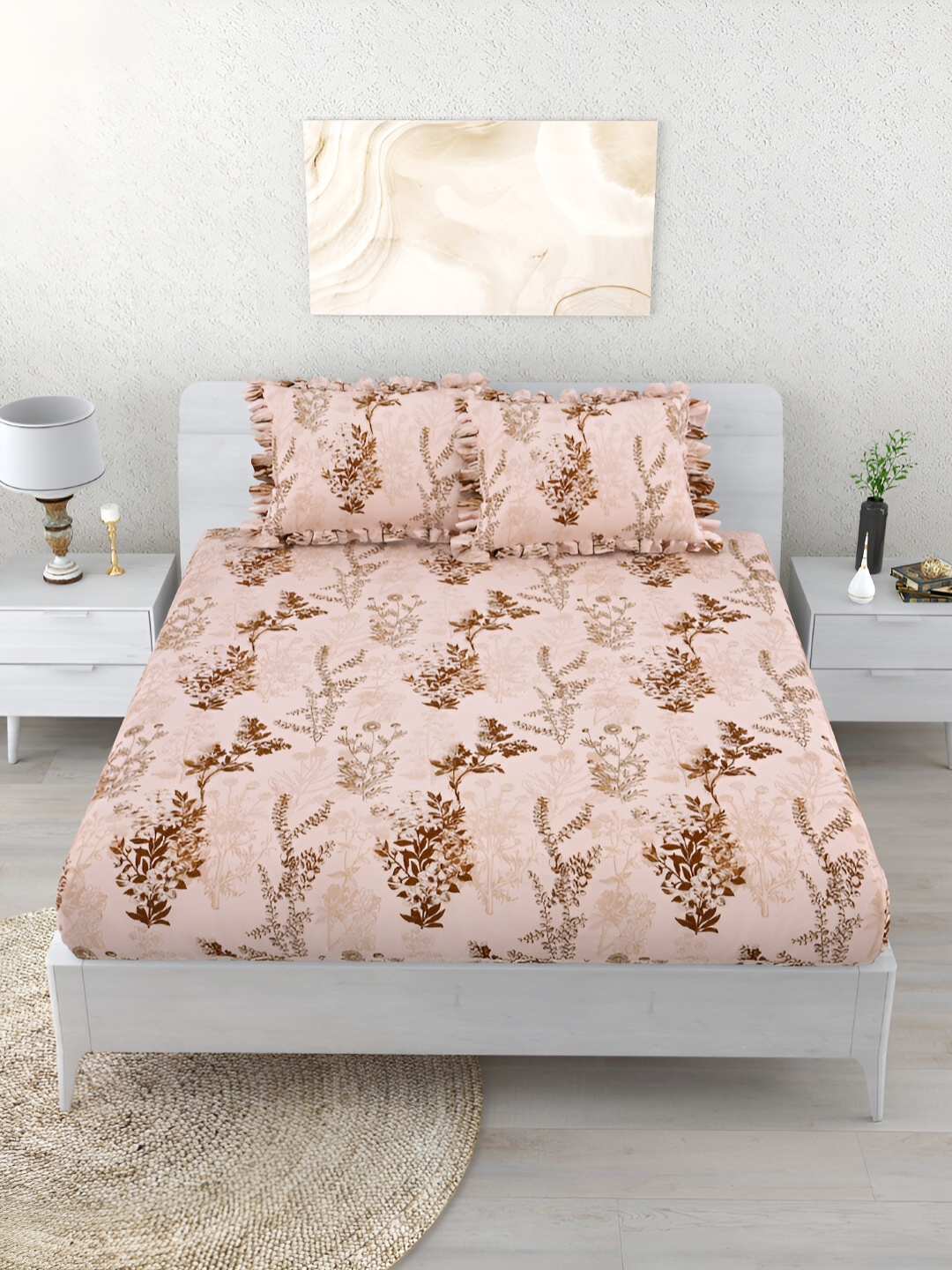 

Aura Pink & Brown Ethnic Motifs 260 TC Fitted King Bedsheet With 2 Pillow Covers