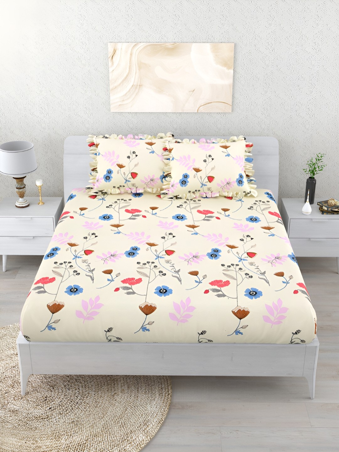 

Aura Yellow & Blue Floral 260 TC Fitted King Bedsheet with 2 Pillow Covers