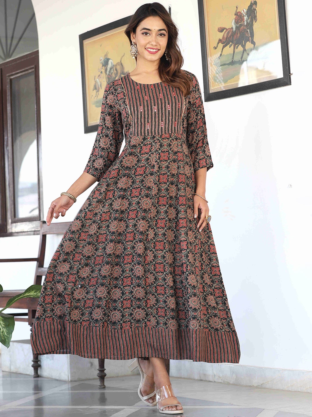 KALINI Floral Printed Mirror Work Kurta, Green