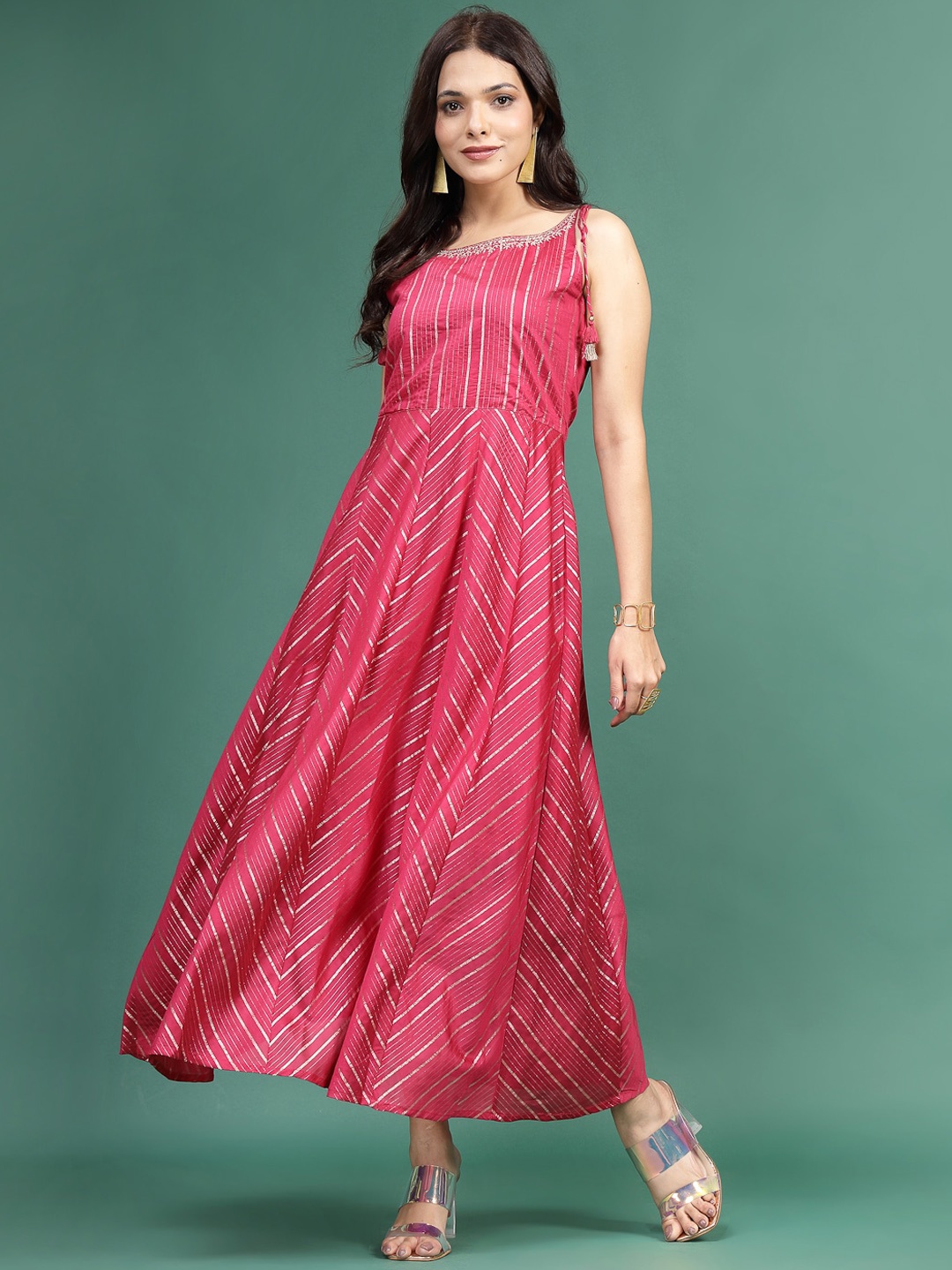 

Ramas Geometric Striped Thread Work Anarkali Kurta, Pink