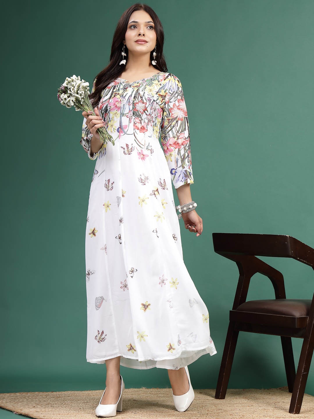 

Ramas Floral Printed Sweetheart Neck A-Line Kurta, White