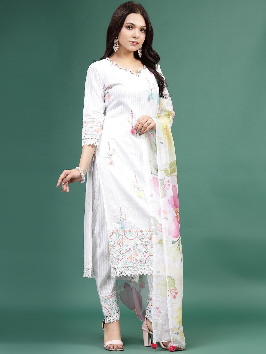 

Ramas Floral Printed Thread Work Pure Cotton Kurta With Trouser & Dupatta, White