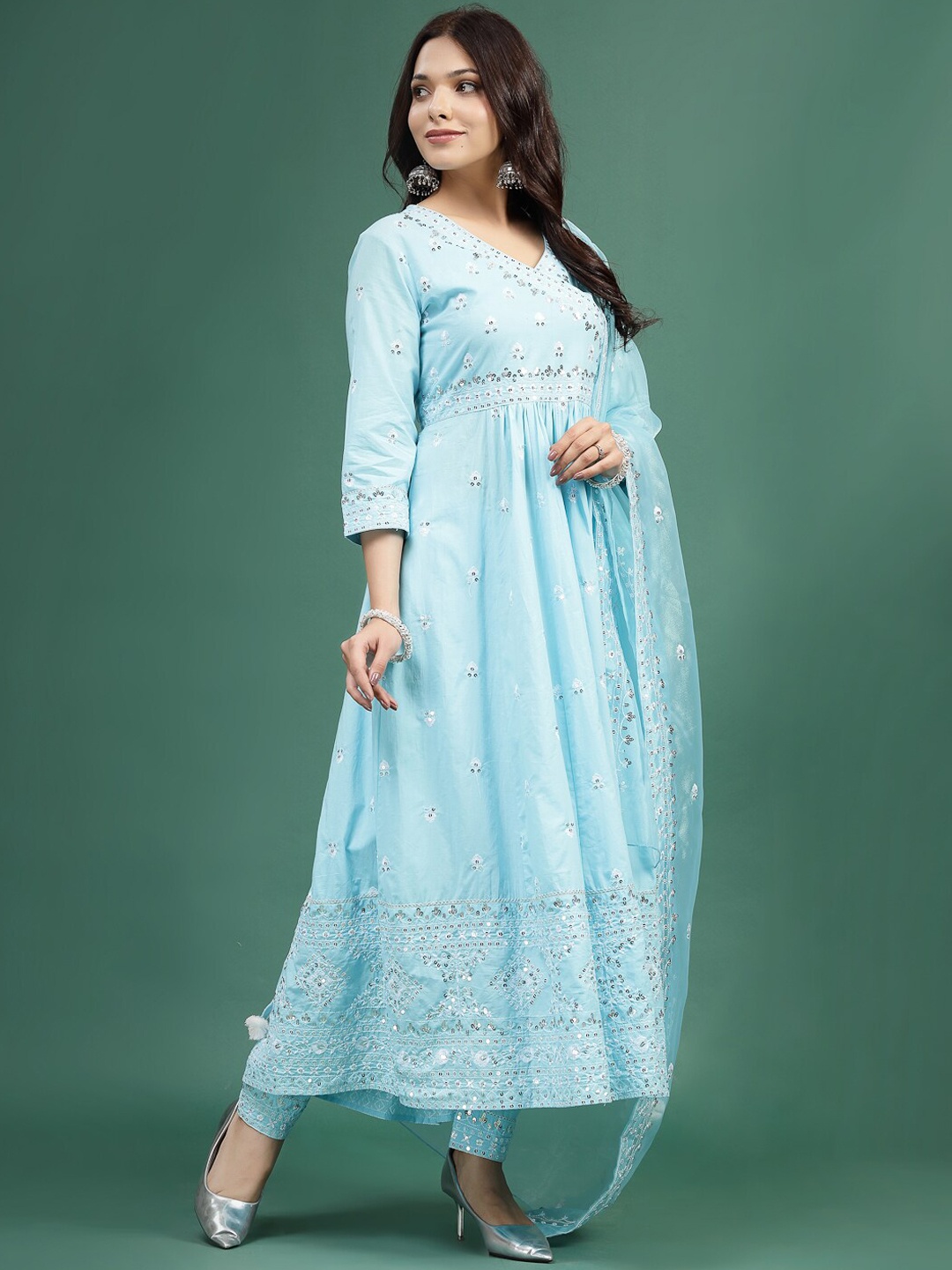 

Ramas Embroidered Sequinned Pure Cotton Kurta with Trouser & Dupatta, Turquoise blue