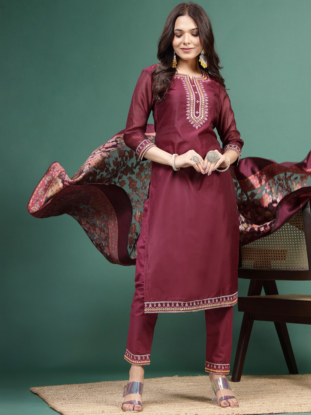 

Ramas Ethnic Motifs Yoke Design Mirror Work Kurta With Trouser & Dupatta, Burgundy