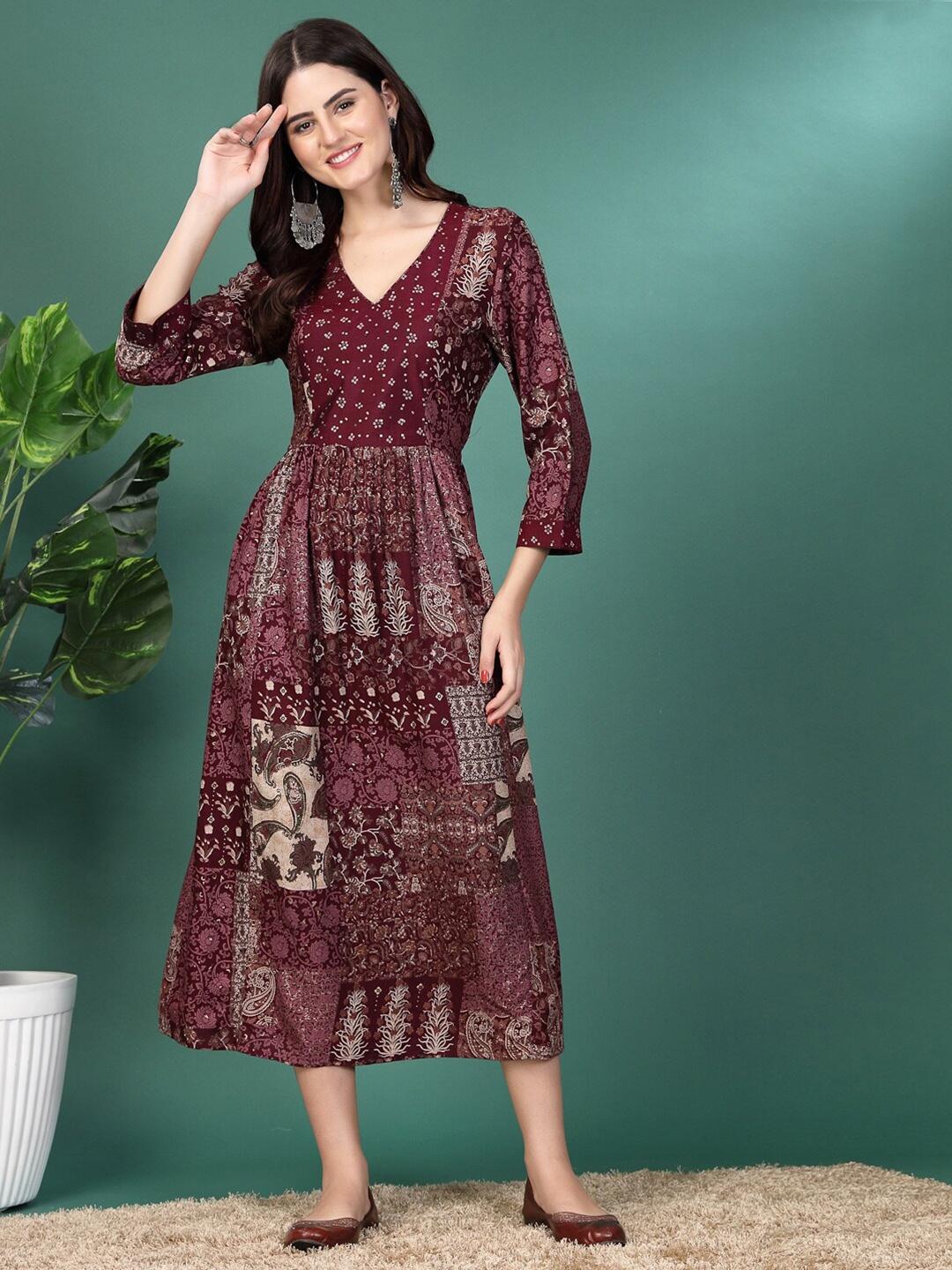 

Nayam By Lakshita Ethnic Motifs Printed A-Line Midi Dress, Purple