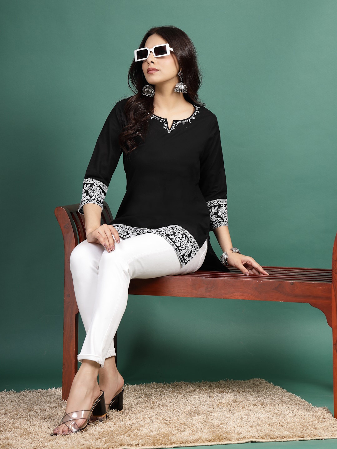 

Ramas Floral Embroidered Cotton Top, Black