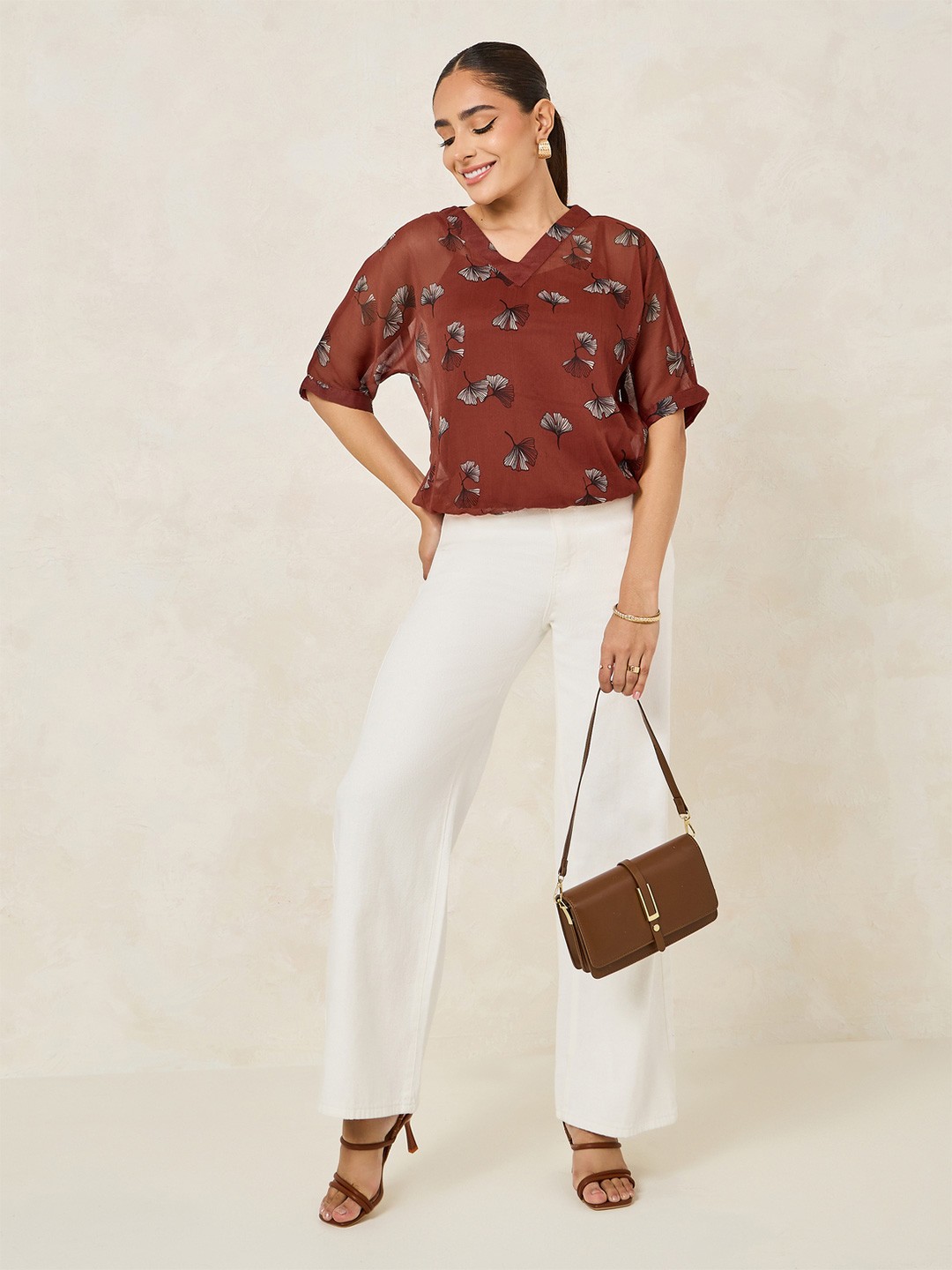 

Styli Women Printed Piping Top with Spaghetti, Rust
