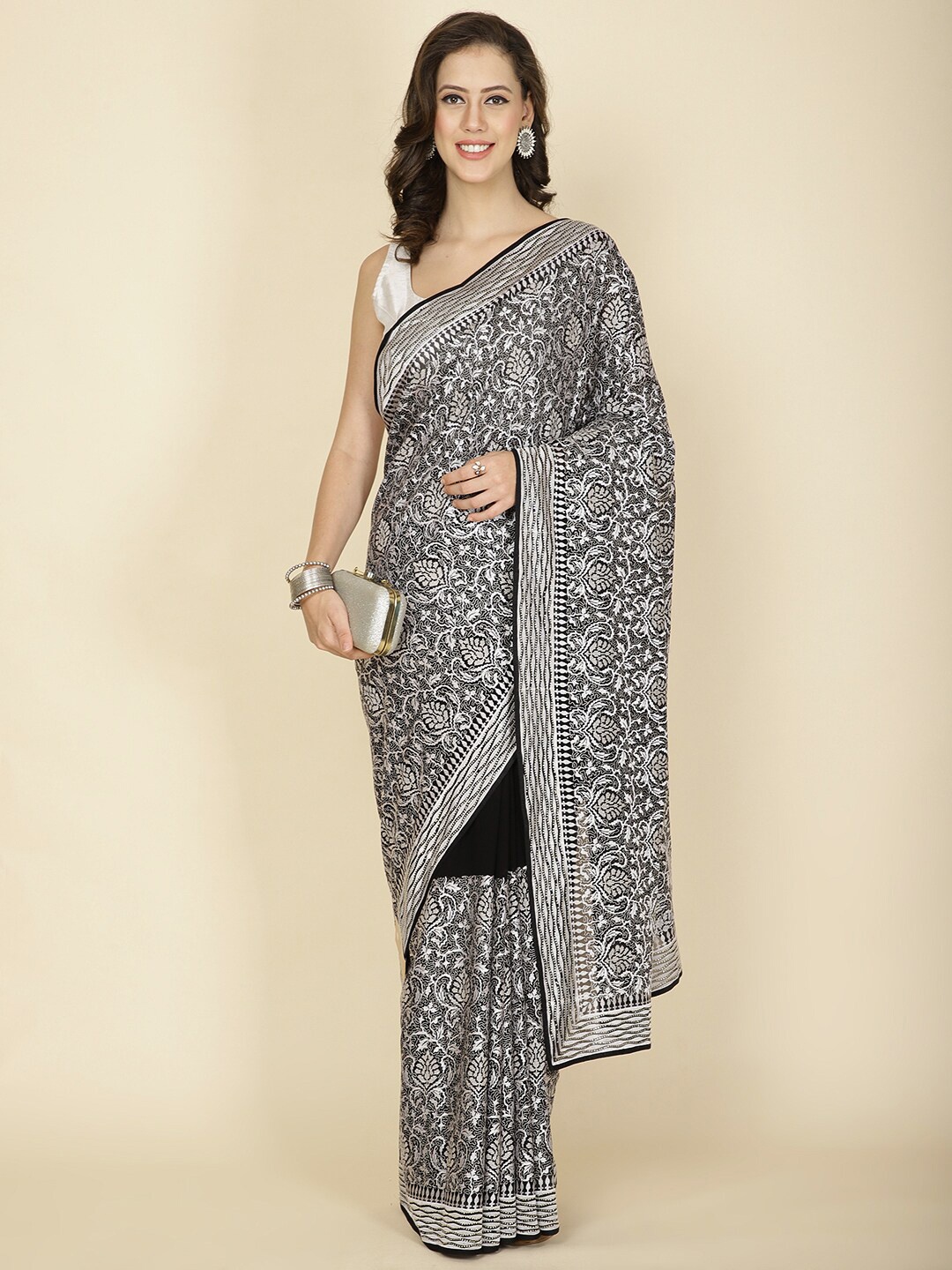

Meena Bazaar Floral Embroidered Poly Georgette Saree, Black