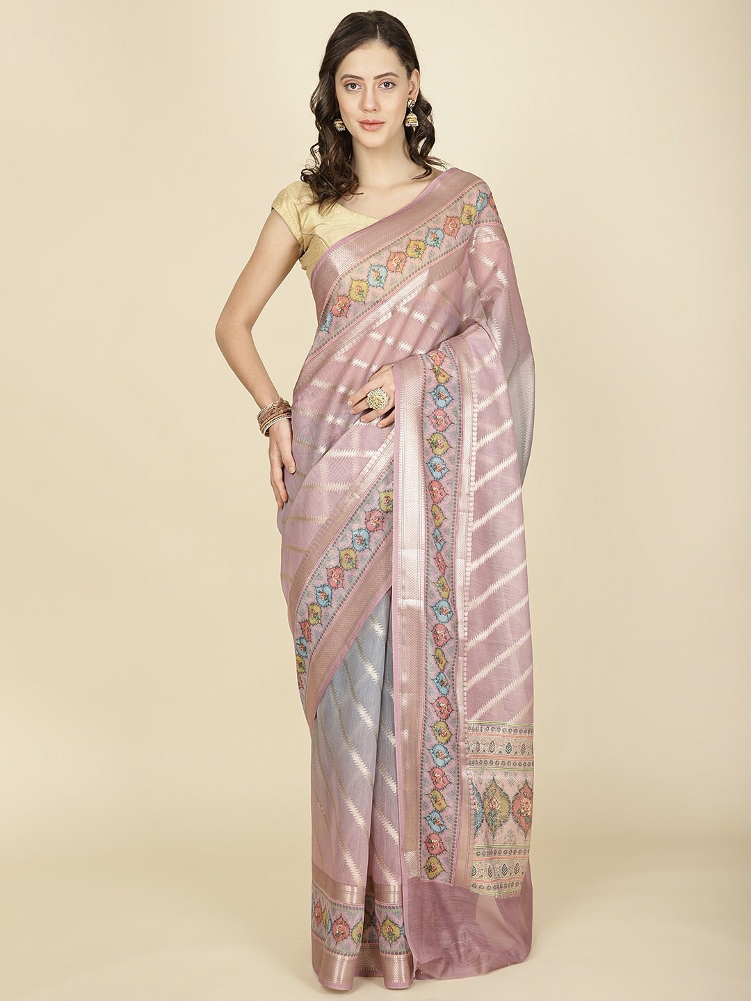 

Meena Bazaar Woven Design Zari Saree, Pink