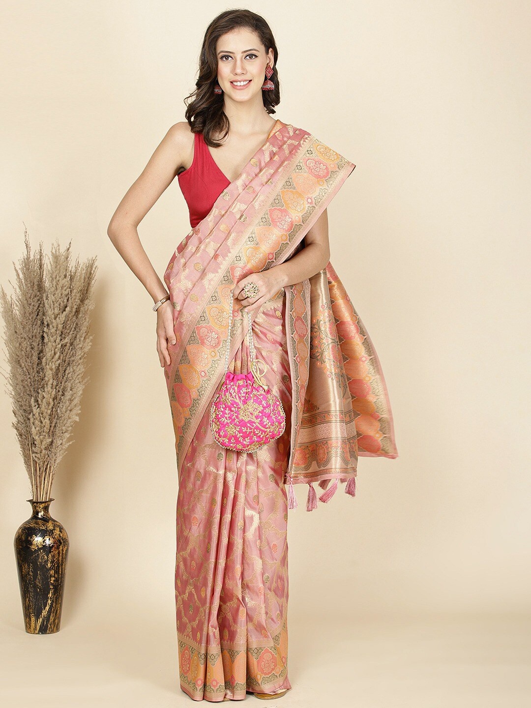 

Meena Bazaar Woven Design Zari Organza Saree, Pink