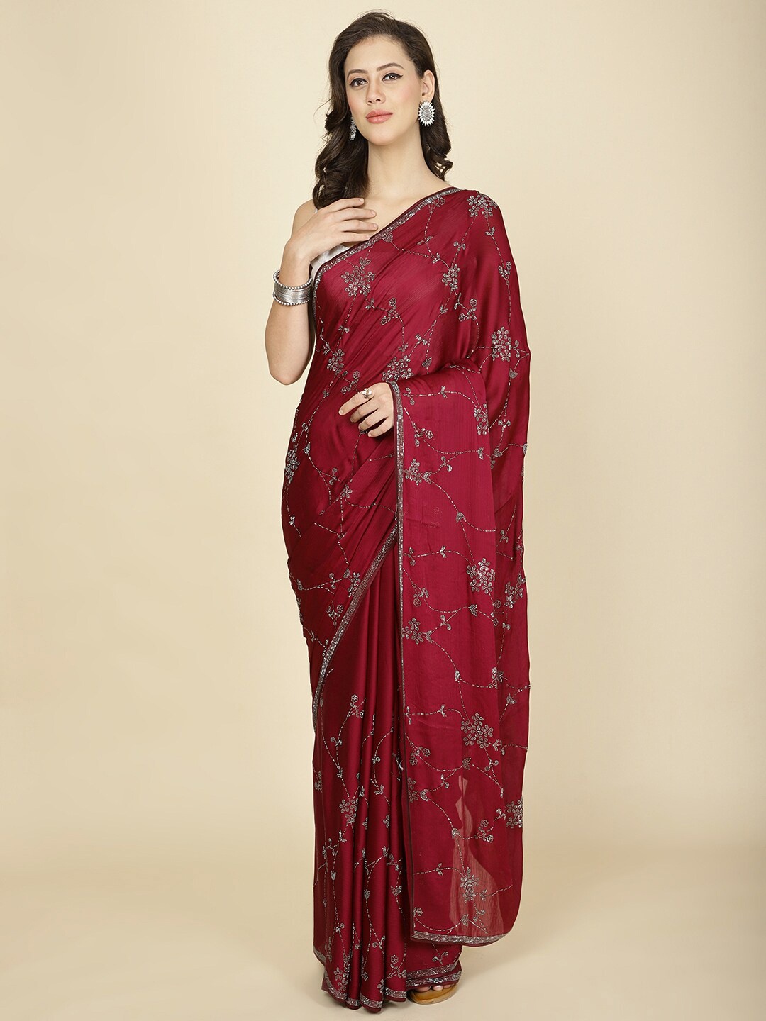

Meena Bazaar Embellished Poly Chiffon Saree, Burgundy