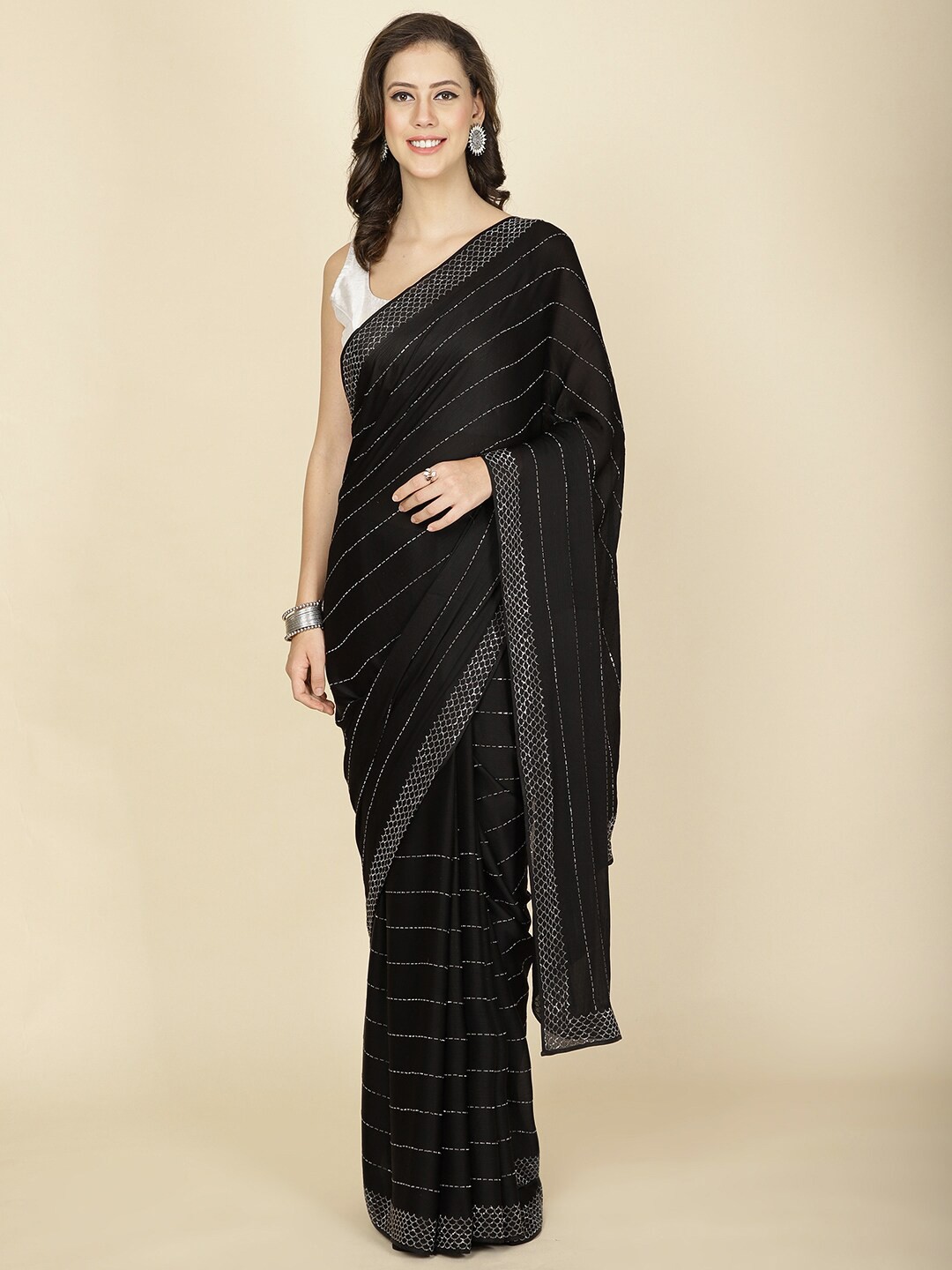 

Meena Bazaar Embellished Saree With Blouse Piece, Black