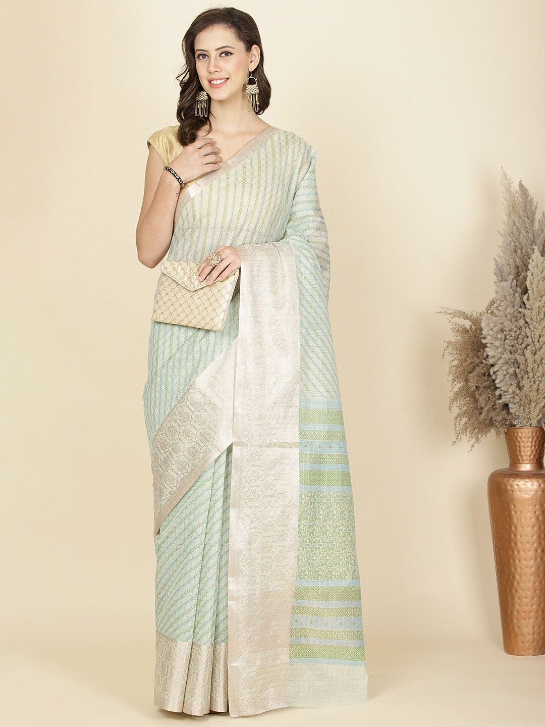 

Meena Bazaar Striped Printed Zari Saree, Sea green