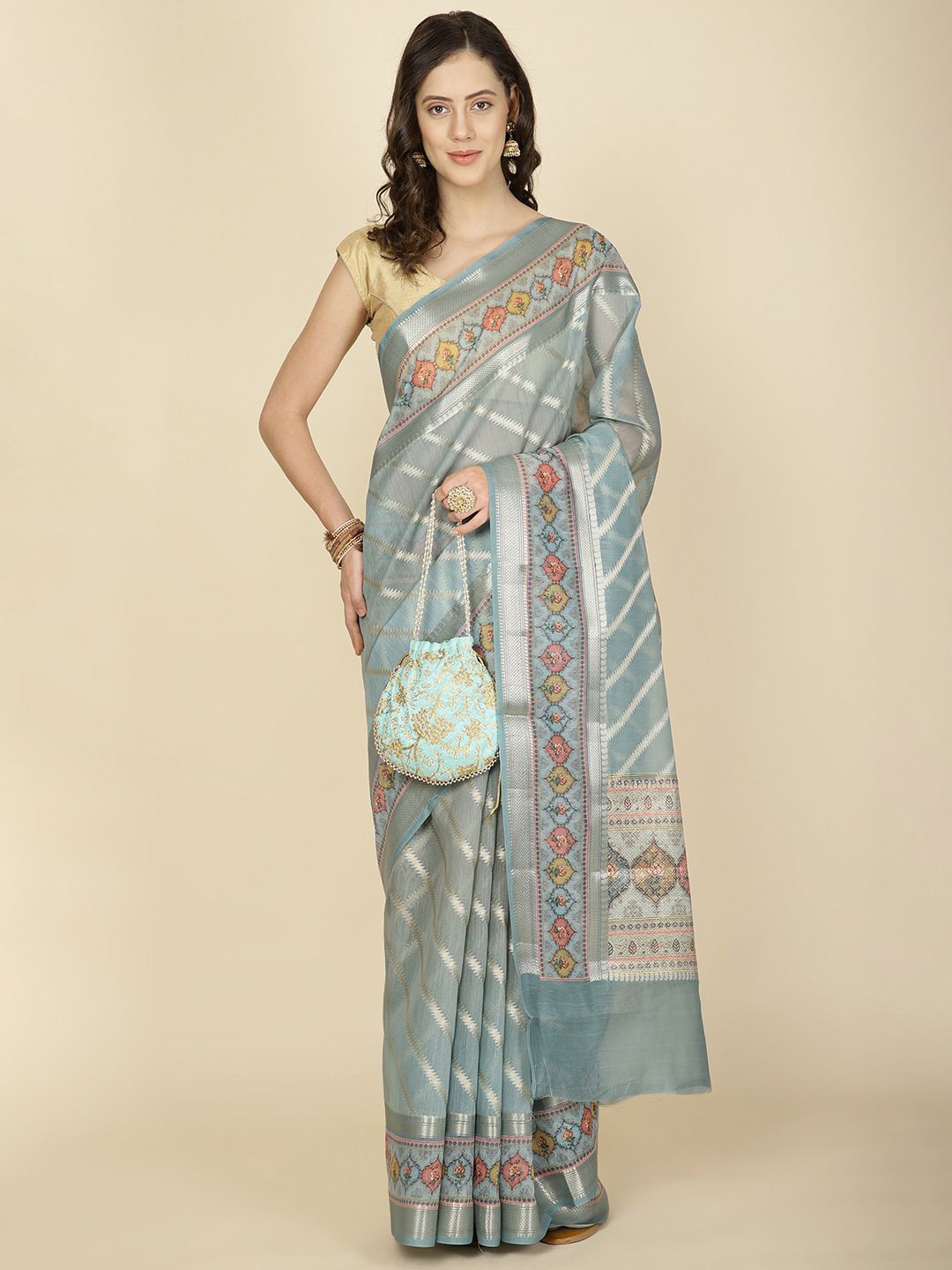 

Meena Bazaar Woven Design Zari Saree, Sea green
