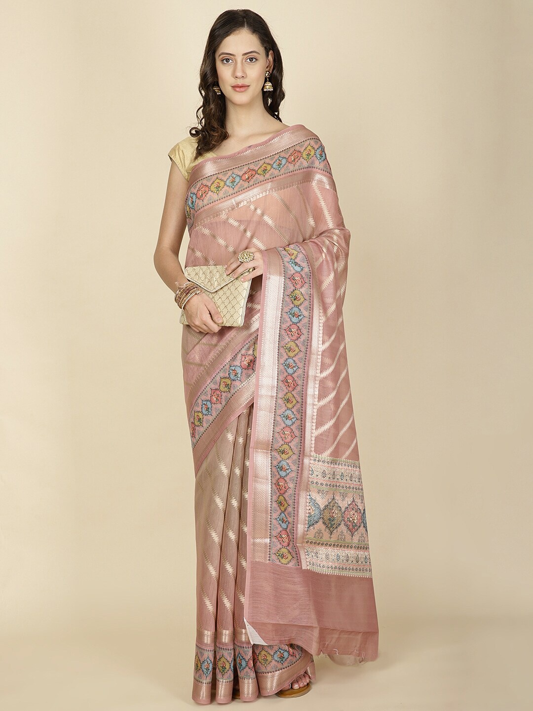 

Meena Bazaar Woven Design Cotton Blend Zari Saree, Peach