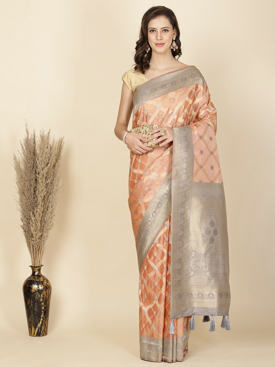 

Meena Bazaar Woven Design Zari Organza Saree, Peach