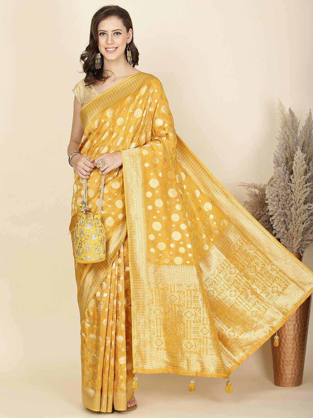 

Meena Bazaar Woven Design Zari Organza Saree, Yellow