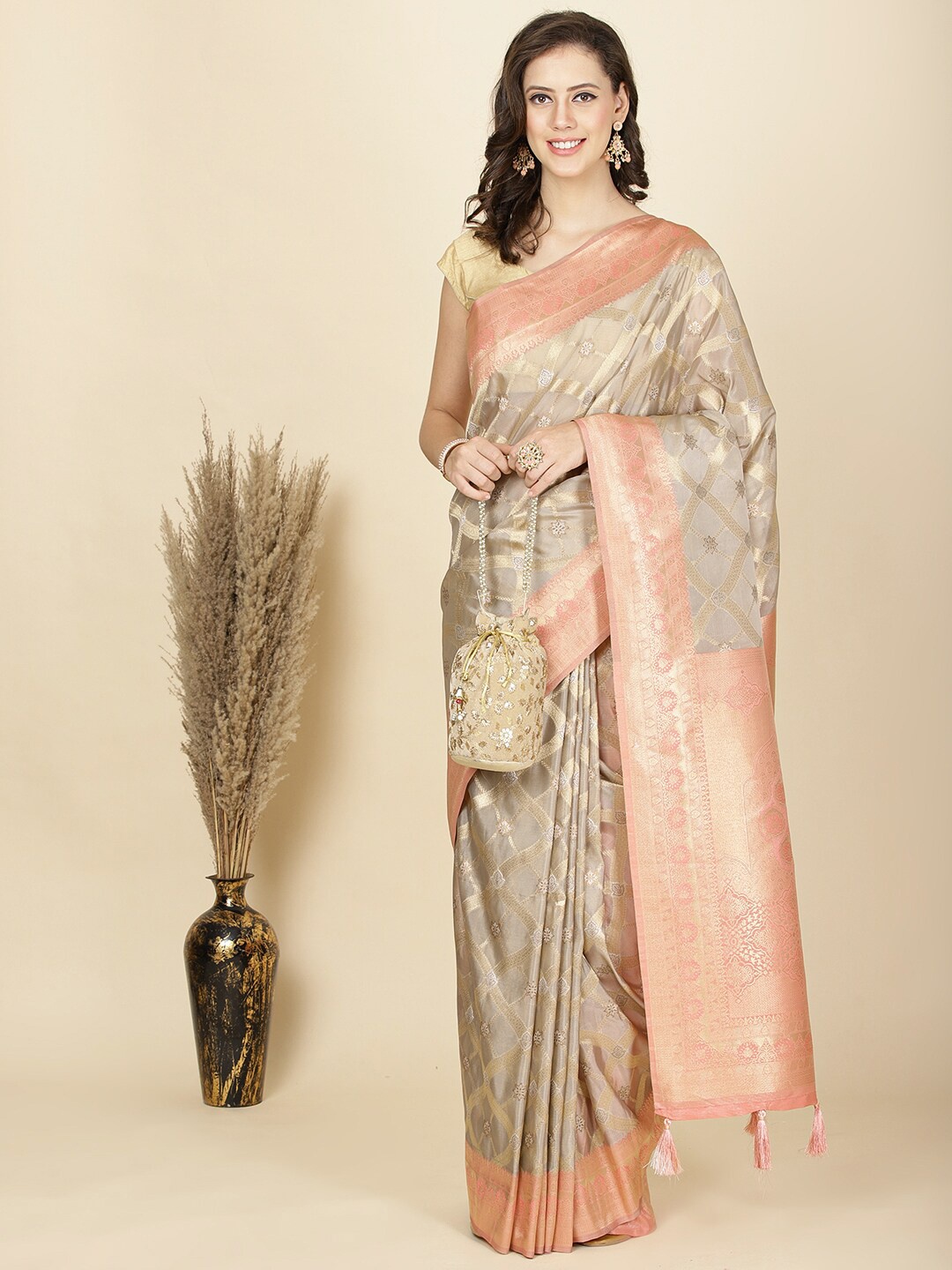 

Meena Bazaar Women Woven Design Zari Organza Saree, Grey