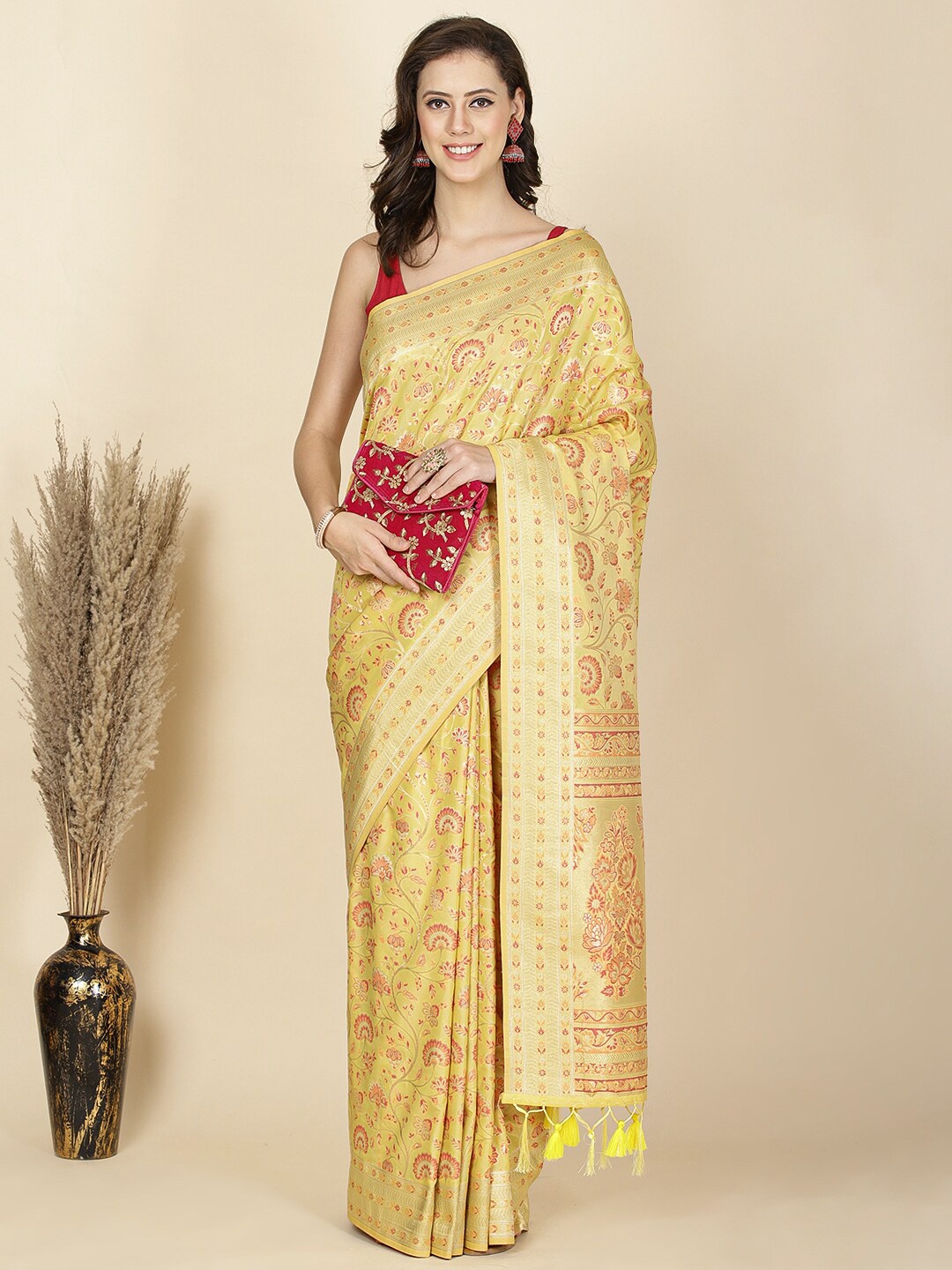 

Meena Bazaar Woven Design Zari Art Silk Banarasi Saree, Yellow
