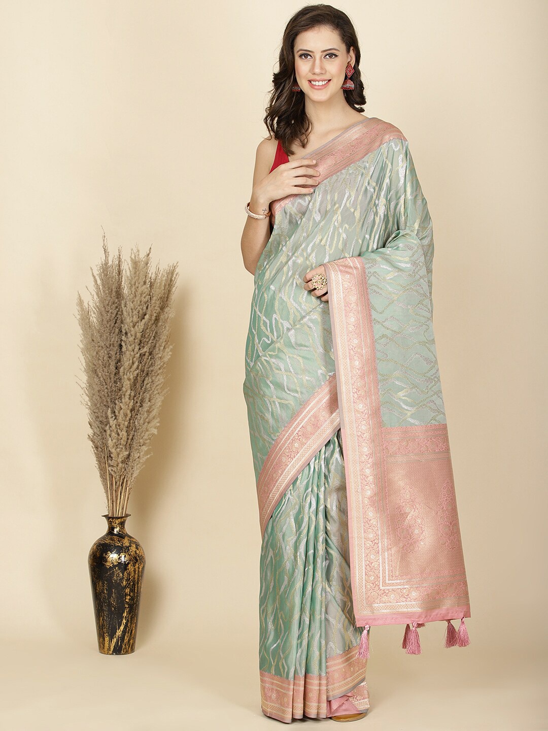 

Meena Bazaar Woven Design Zari Organza Saree, Sea green