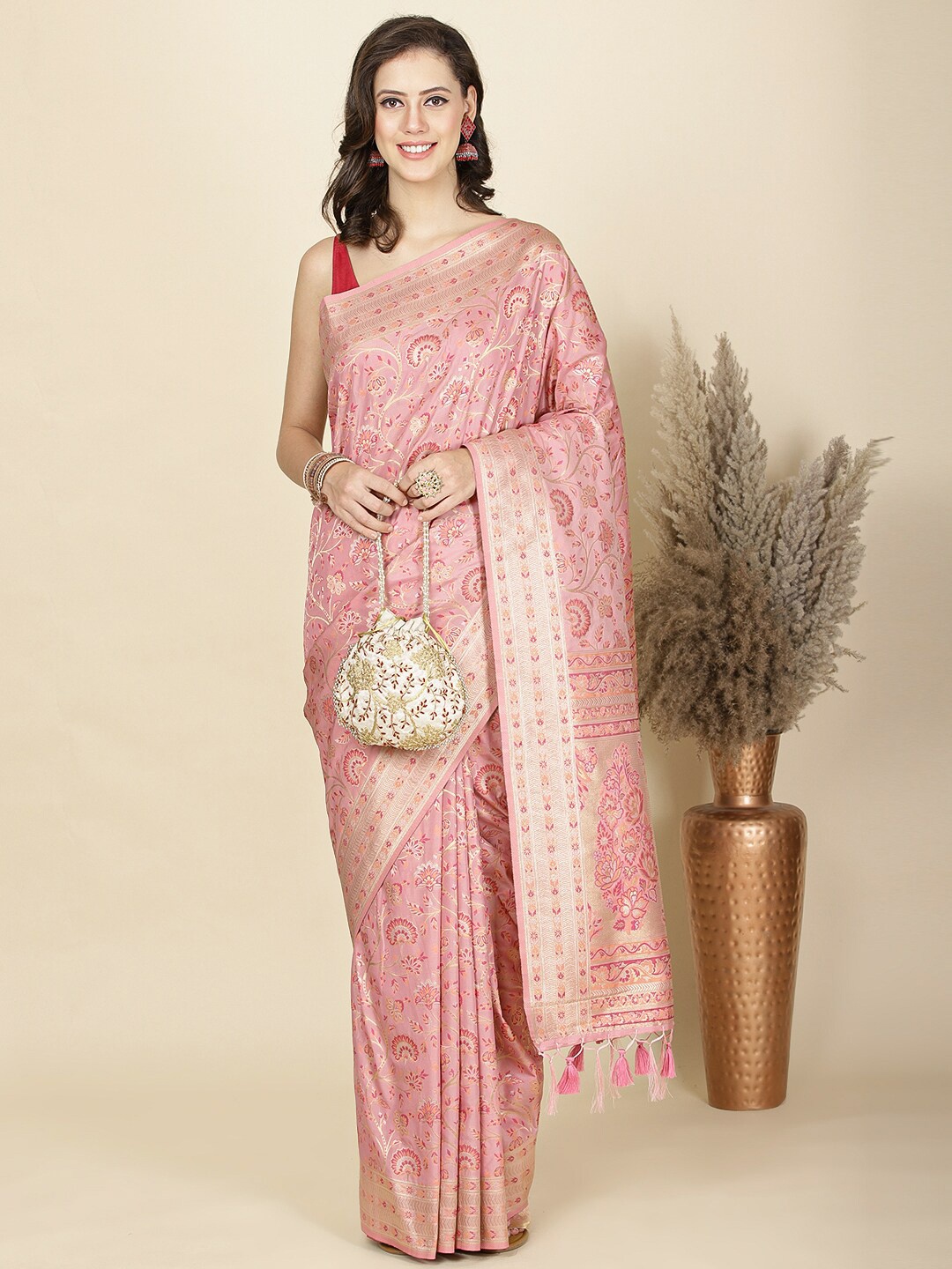 

Meena Bazaar Woven Design Zari Art Silk Banarasi Saree, Pink