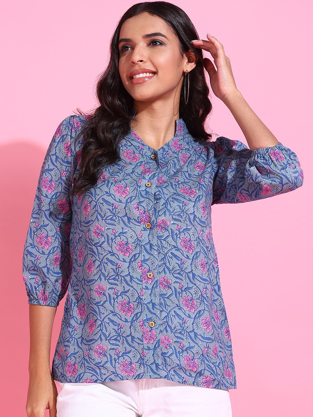 

DressBerry Blue Floral Printed Band collar Puff Sleeves Cotton Shirt Style Top